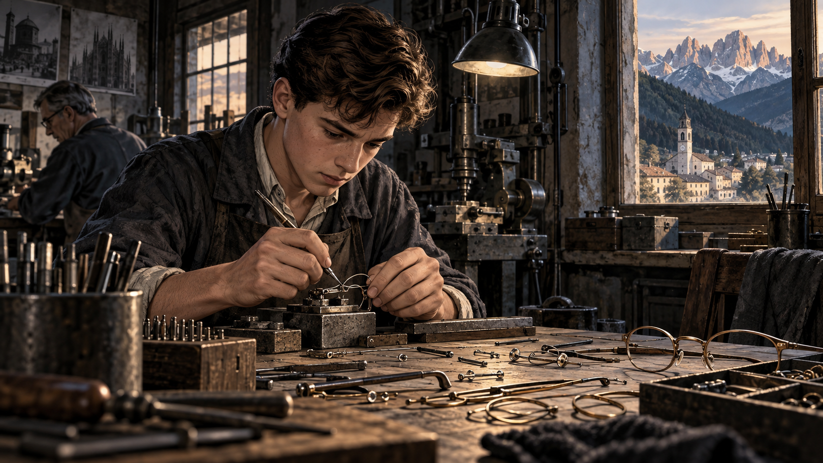 Young Leonardo Del Vecchio learning precision metalwork in postwar Milan before establishing an eyewear workshop in the Dolomites
