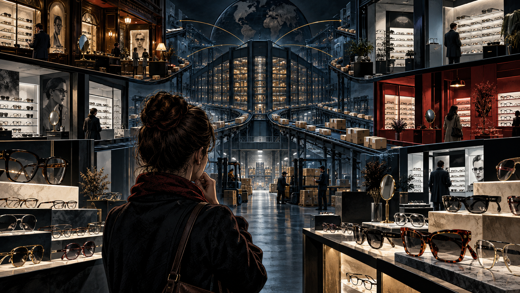 A wall of familiar eyewear brands and retail signs converging into one corporate network as consumers compare nearly identical premium frames
