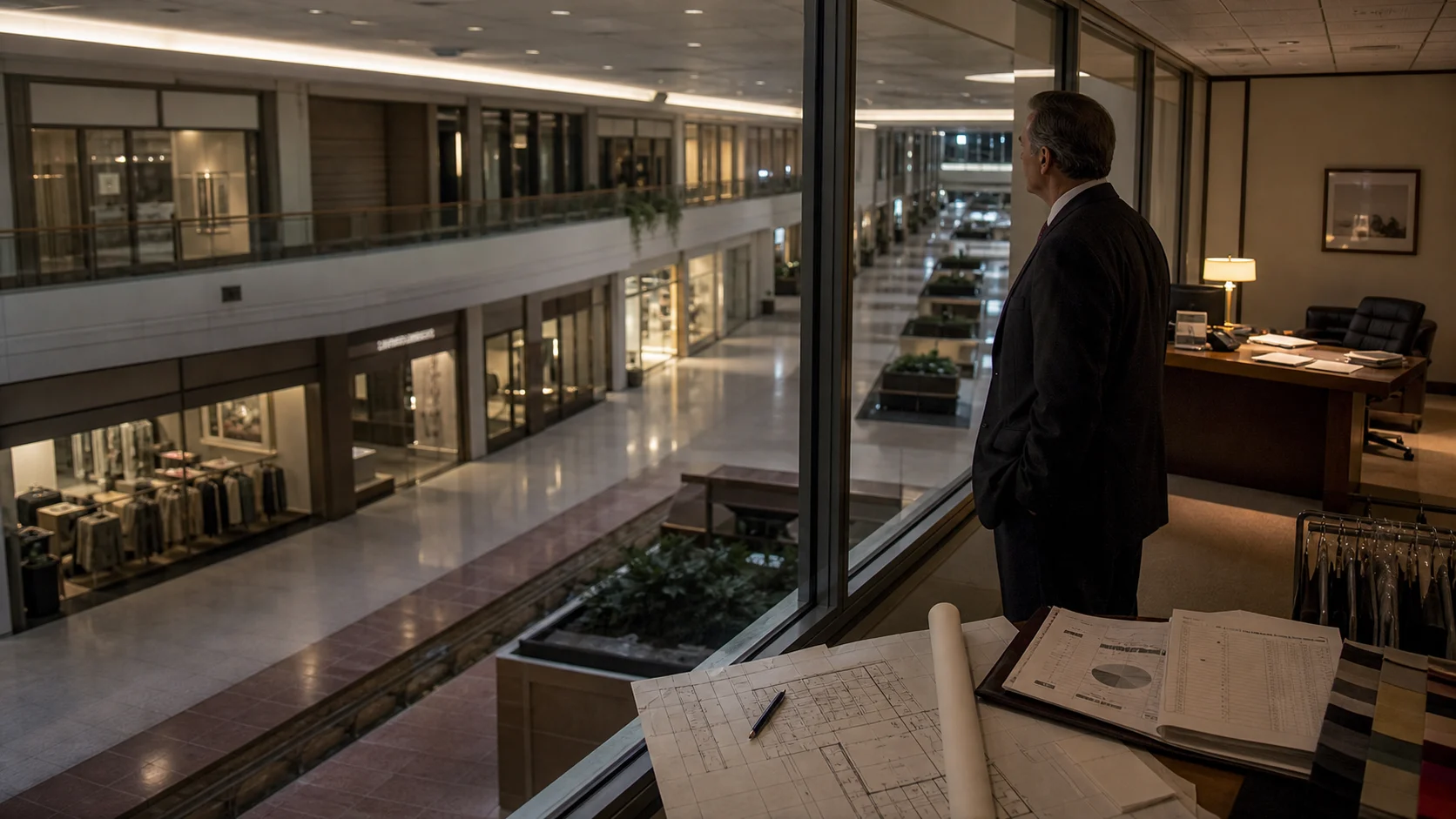 A retail executive surveys an empty late-1980s shopping mall from an office filled with store plans and financial reports.