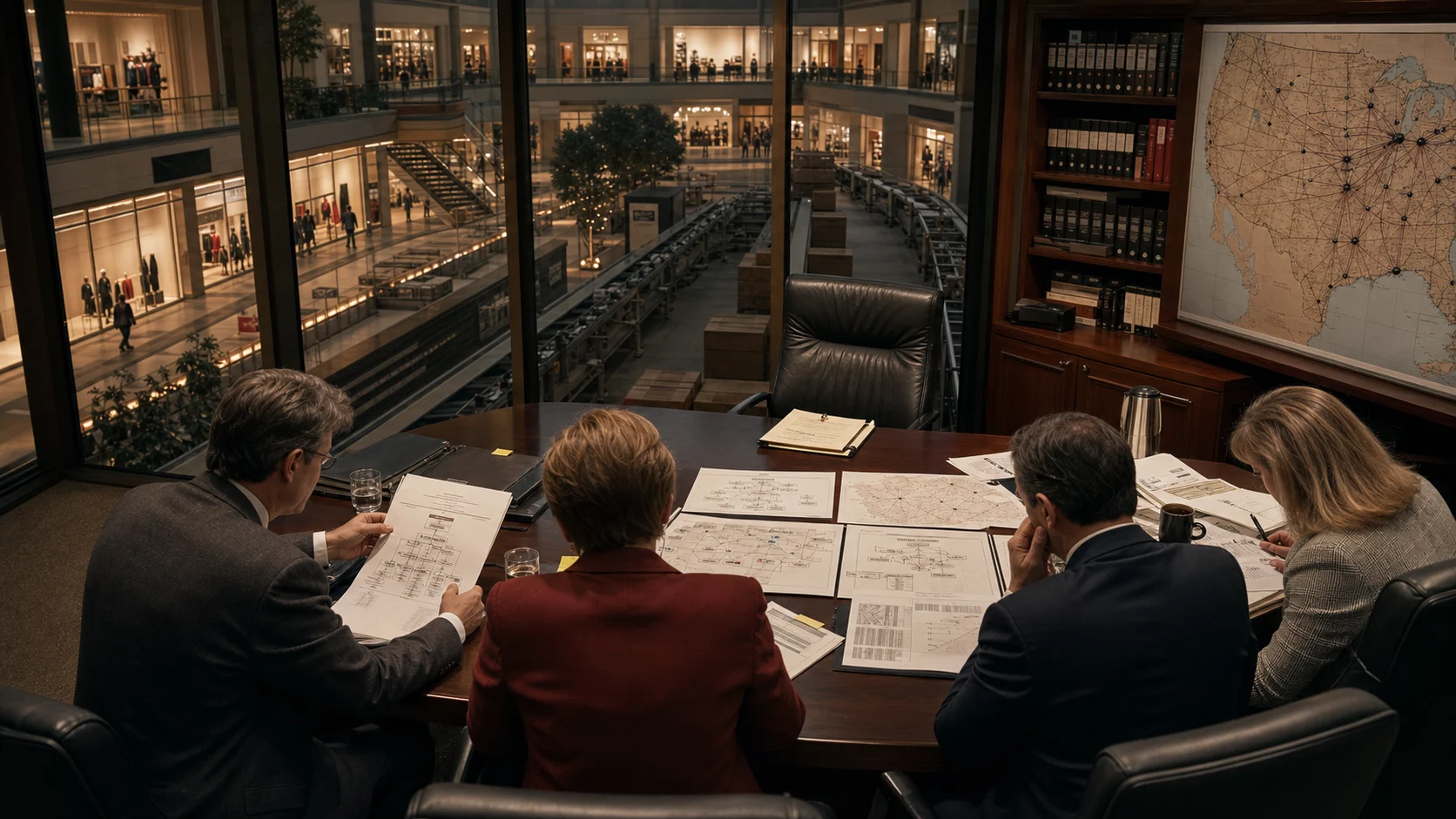 A retail governance team examines organizational charts and a nationwide store network while an empty executive chair reveals concentrated power behind the mall empire.
