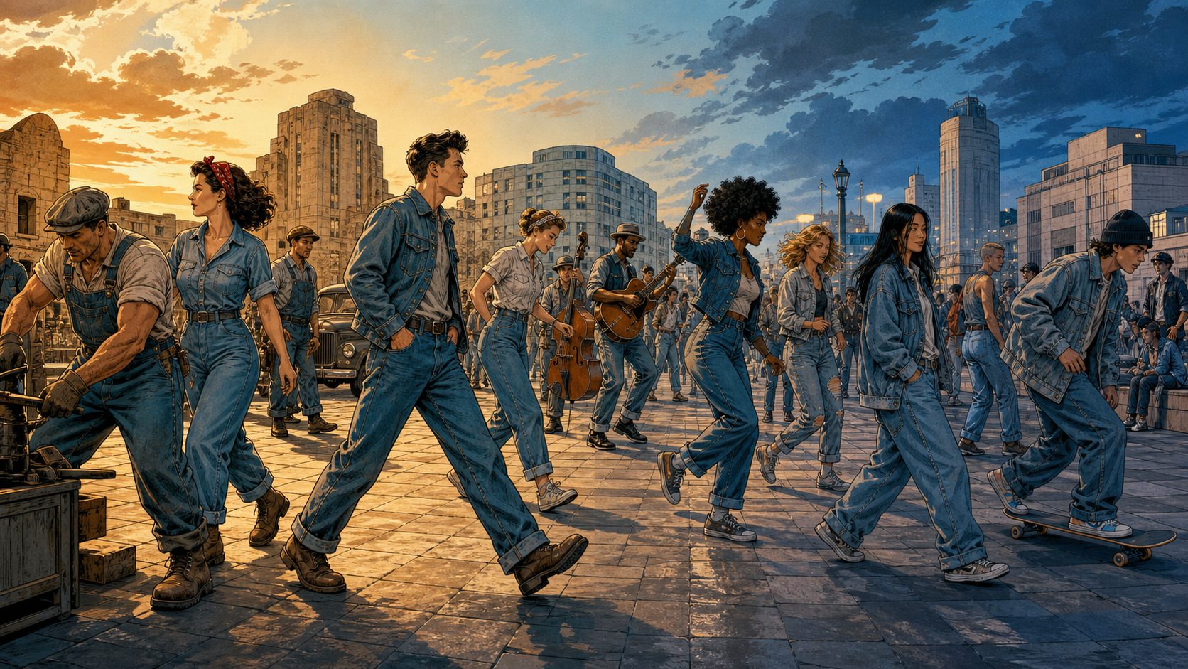 Blue jeans crossing decades from Western workwear to youth rebellion, music culture, and a diverse global city street
