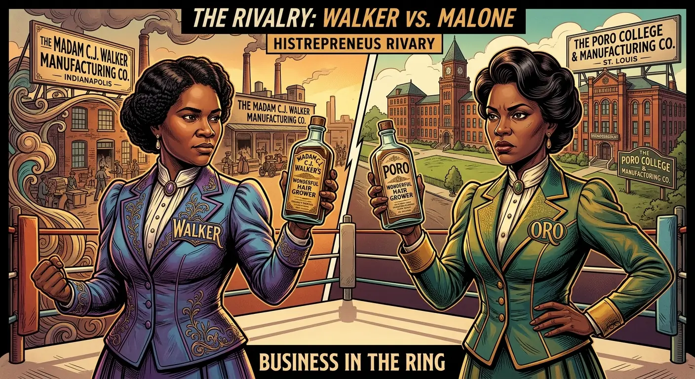 Two women, one resembling Madam C.J. Walker and the other Annie Malone, stand on opposite sides of a stylized boxing ring, each holding a bottle of hair product, with a split background showing their respective factory buildings