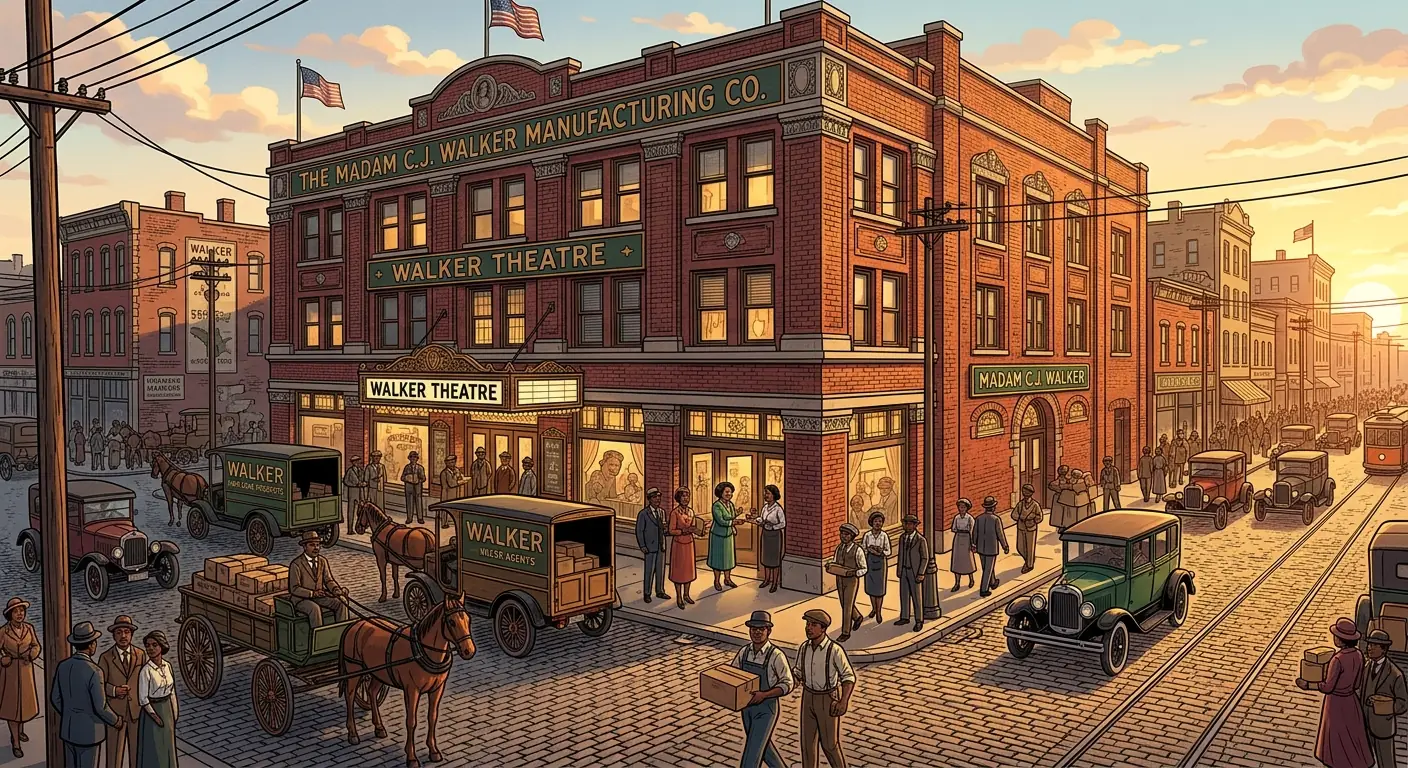The Madam C.J. Walker Manufacturing Company building in Indianapolis, a grand brick structure with multiple floors, bustling with employees, horse-drawn carts, and early automobiles