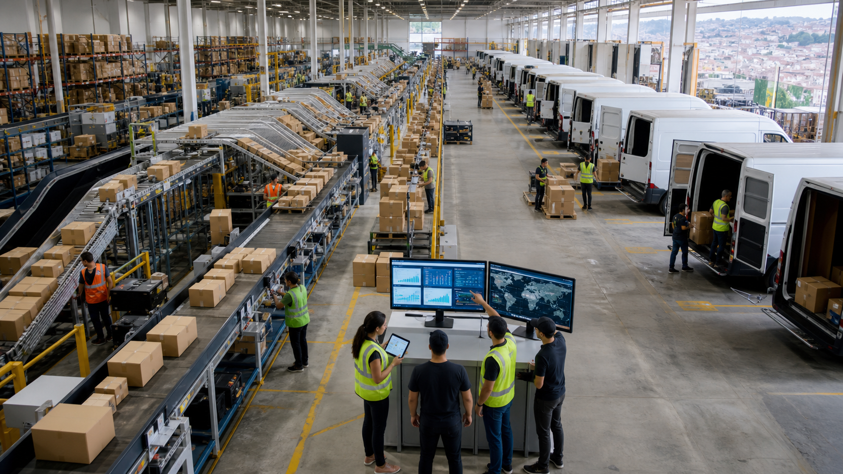A high-volume fulfillment center coordinating parcel sorting and last-mile delivery across dense cities