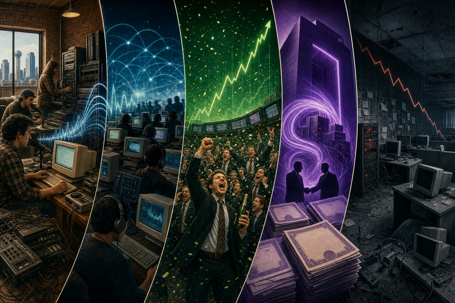 The timeline from AudioNet's early streams through Broadcast.com's IPO, acquisition, and shutdown