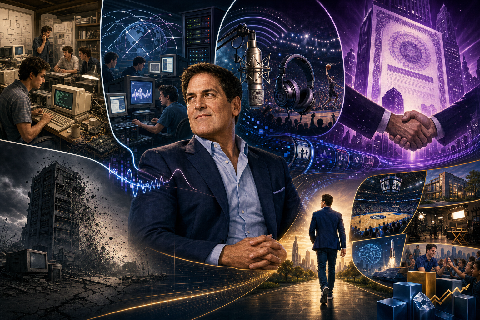 Mark Cuban and Broadcast.com FAQ visual covering the company origins, streaming model, Yahoo acquisition, and founder outcome
