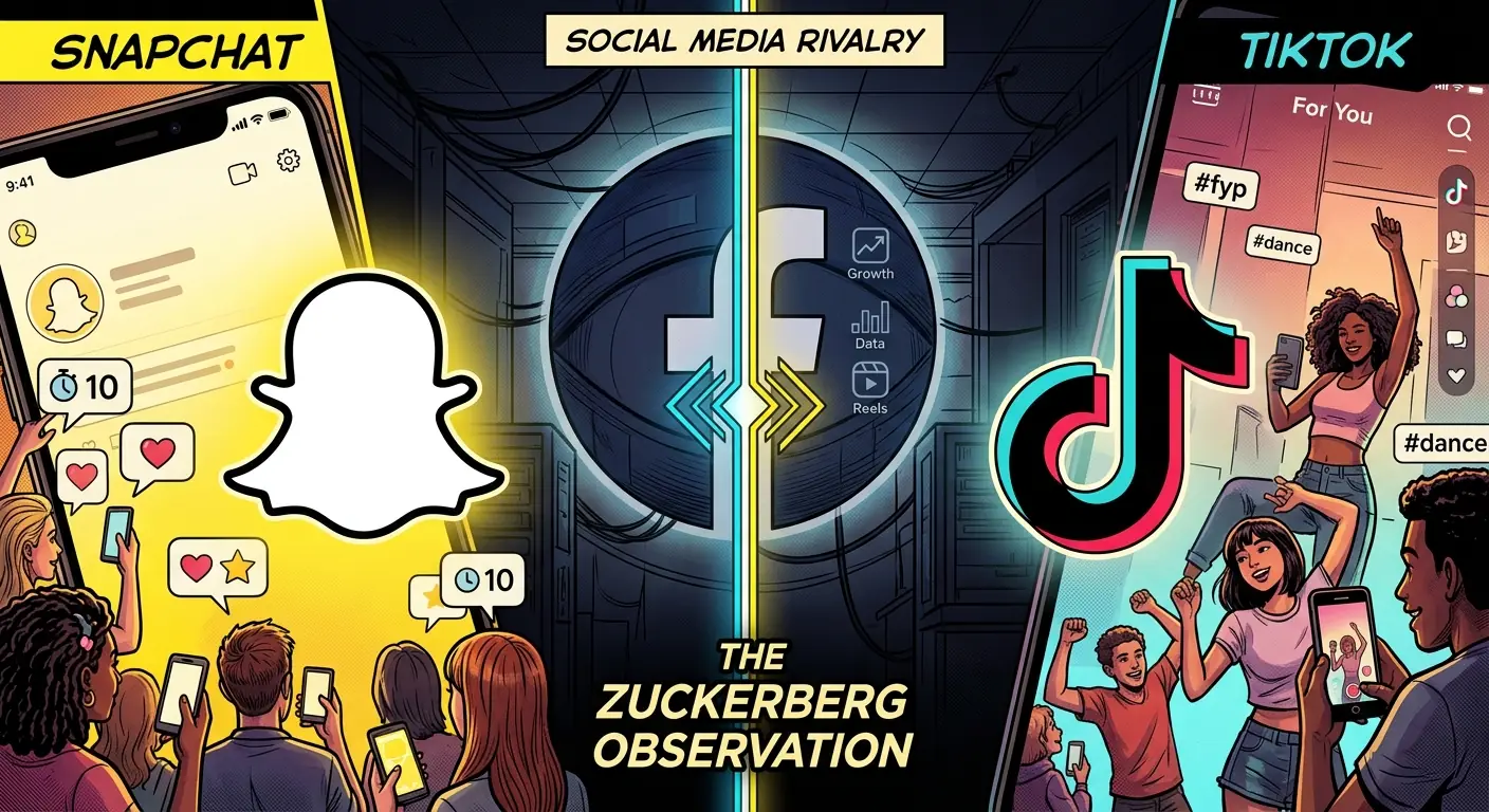 A split image showing a Snapchat ghost logo on one side and the TikTok logo on the other, with Facebook's "F" logo subtly in the background, observing