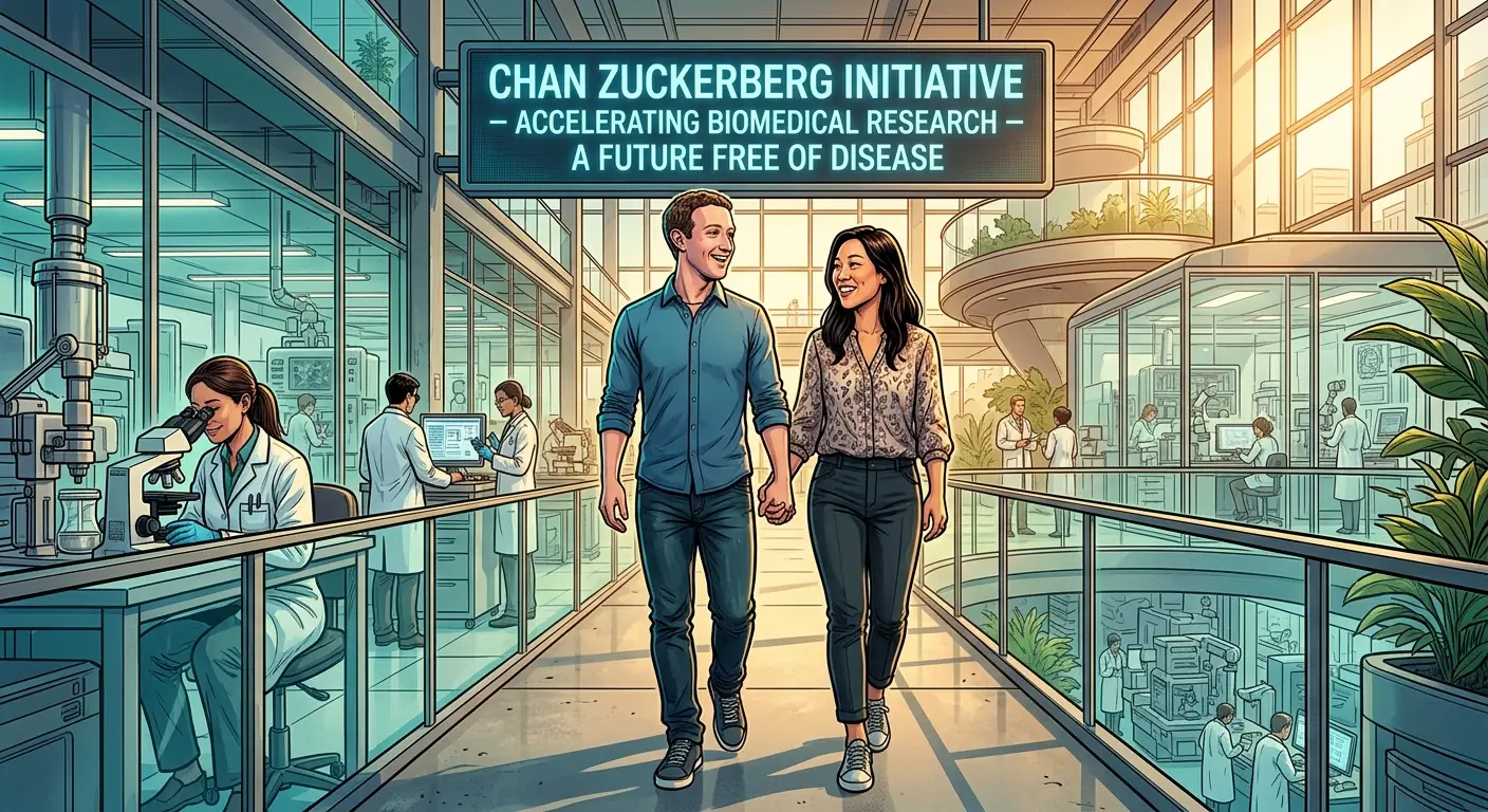 Mark Zuckerberg and Priscilla Chan smiling, holding hands, and walking together in a bright, modern research facility, looking towards a future of innovation