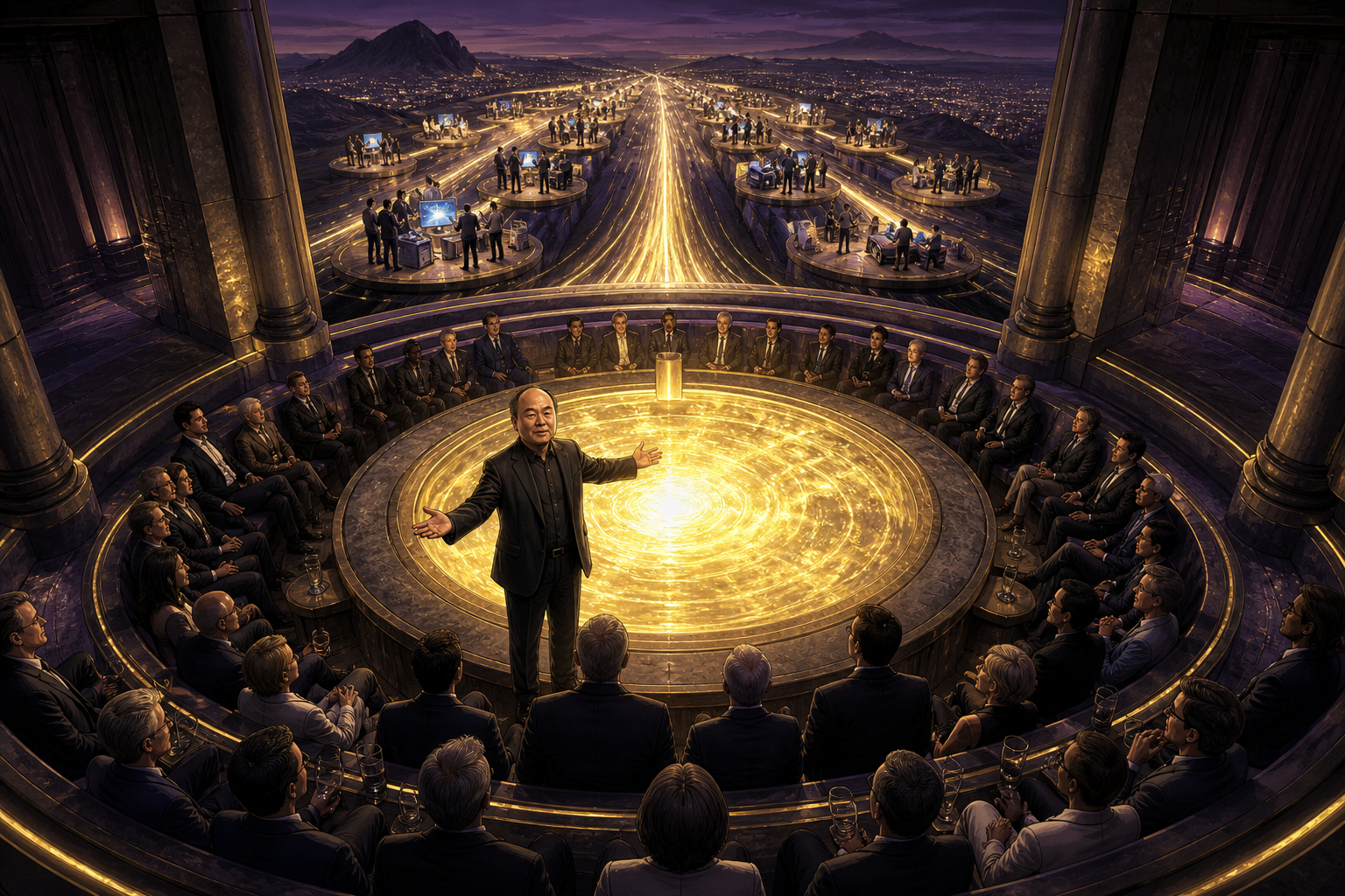 Masayoshi Son presenting an enormous pool of capital as startup founders and global investors gather beneath towering projections