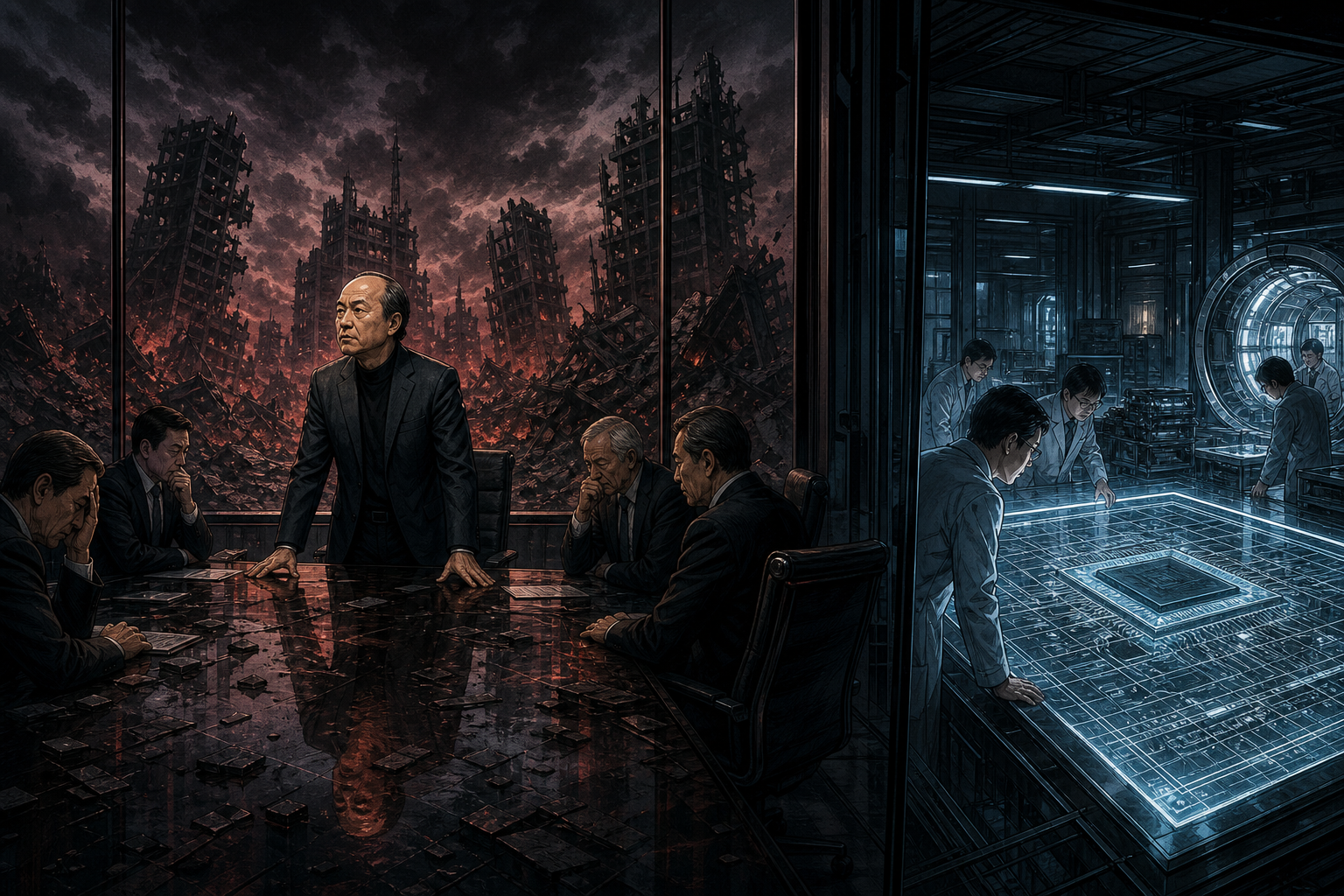 A dramatic boardroom where soaring startup valuations fracture into write-downs while chip designs glow in the background