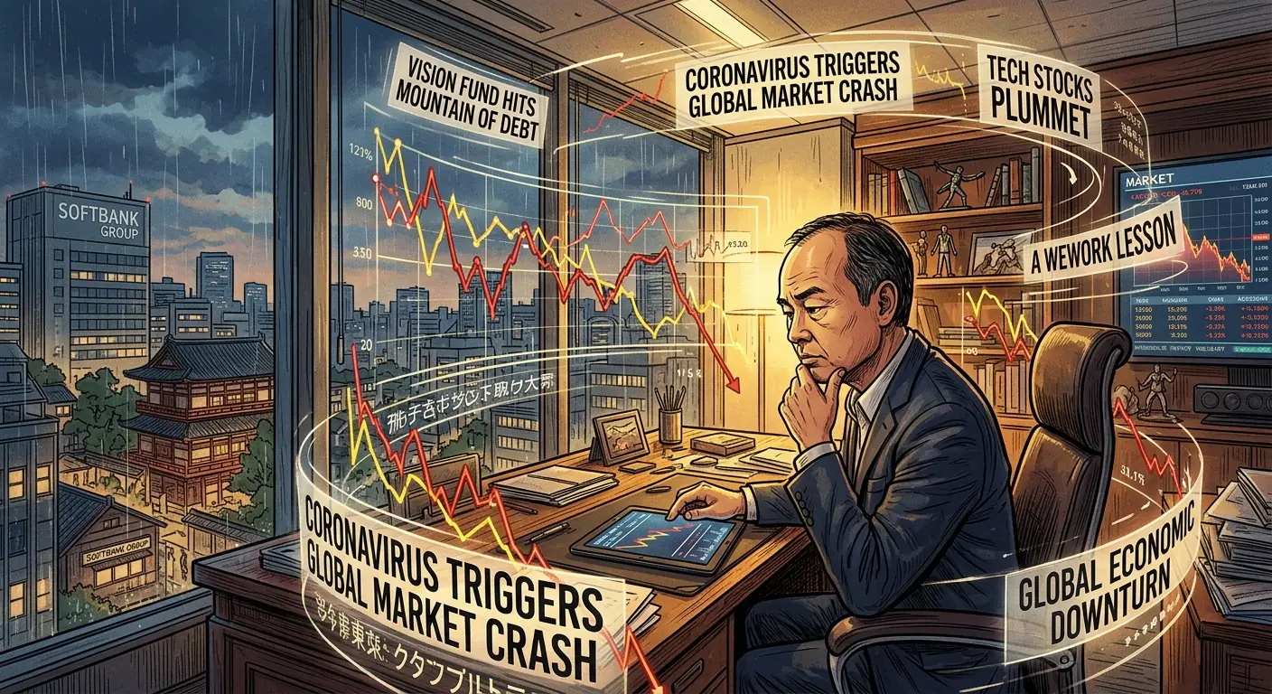 Masayoshi Son looking pensive, surrounded by swirling market graphs and headlines about economic downturn, representing the crisis of early 2020.