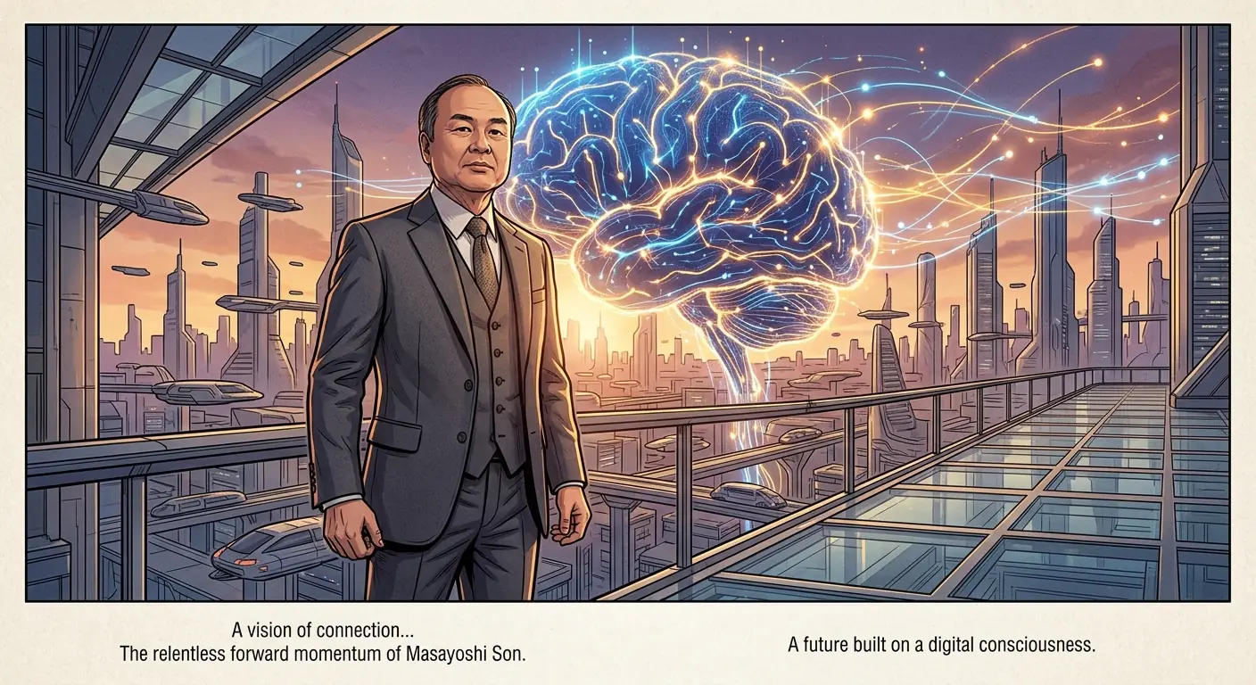 Masayoshi Son standing on a futuristic cityscape, his silhouette against a glowing brain-like network symbolizing AI, with a sense of immense scale and forward momentum.