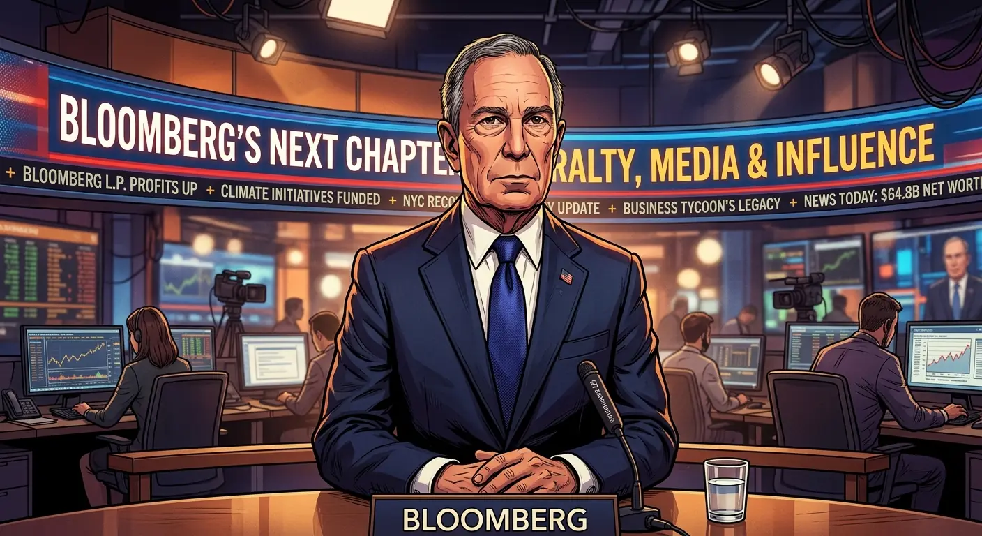 Bloomberg in front of a news ticker, looking serious