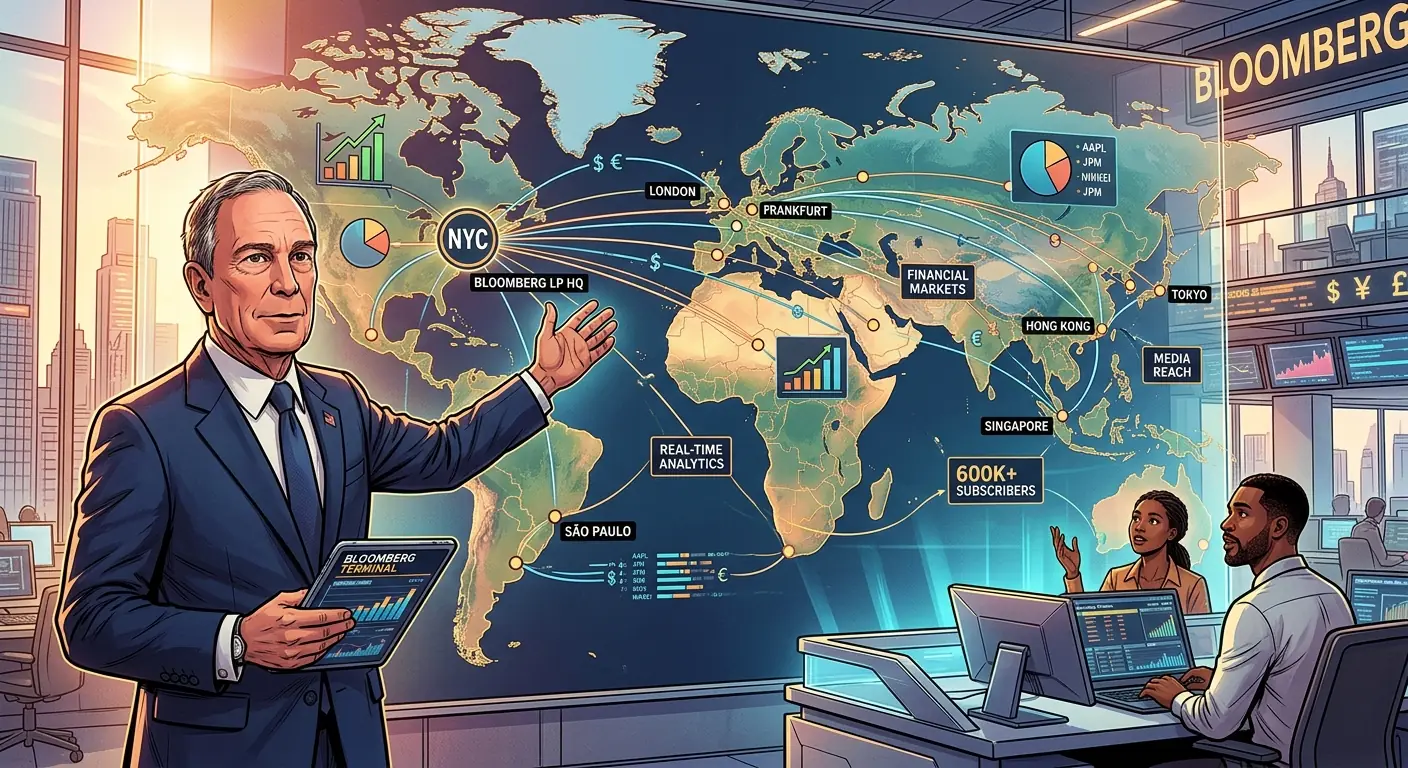 A world map overlaid with financial data points, showing global reach