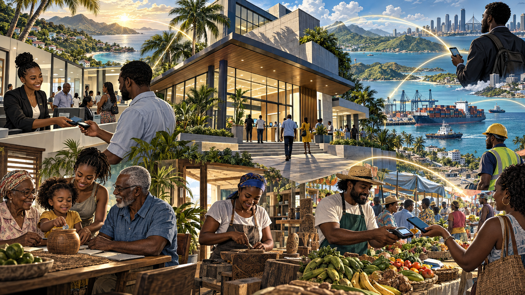 A modern Jamaican bank branch connected to Caribbean businesses, households, digital payments, and regional trade
