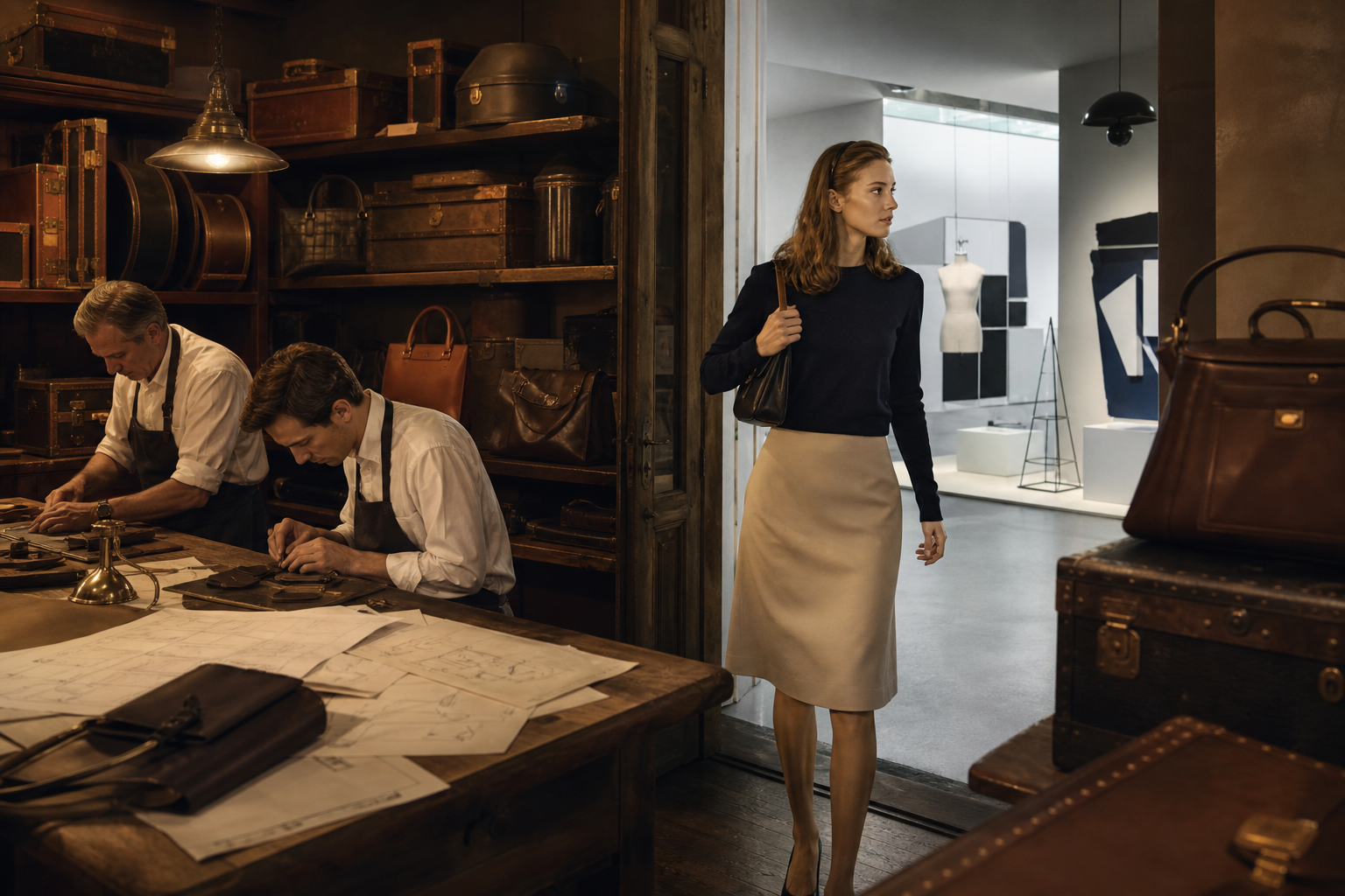 A young Miuccia Prada entering her family's traditional Milan leather-goods shop with a radically different creative vision