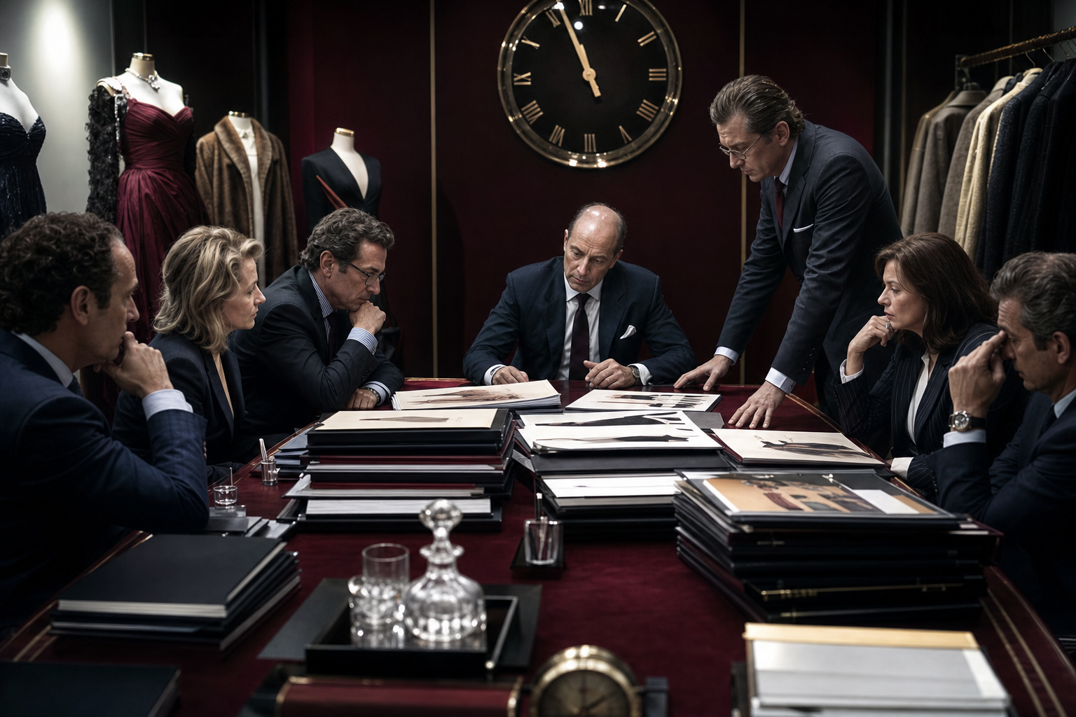 A late-1990s luxury acquisition spree represented by fashion houses, debt documents, and a tightening financial clock