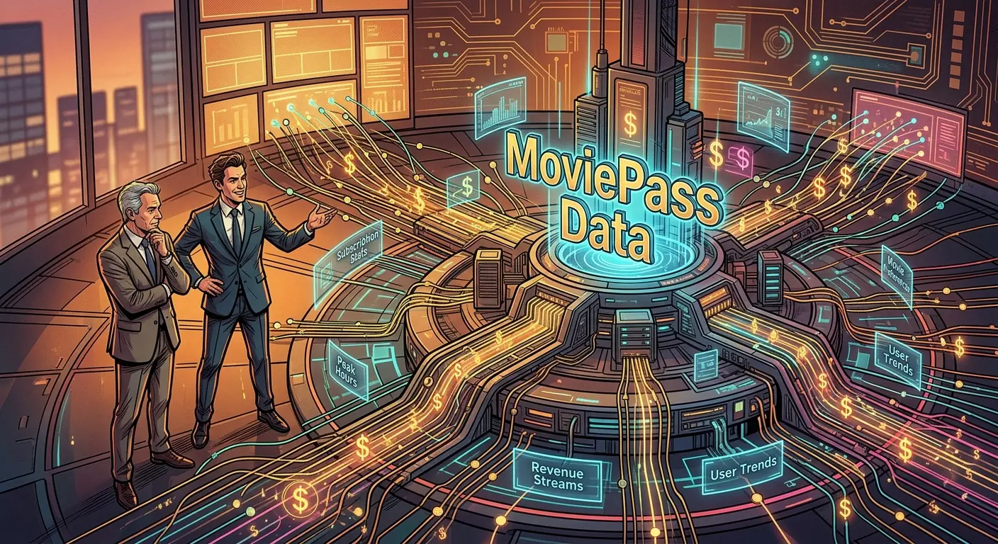 A stylized, abstract graphic showing a complex web of data points flowing into a central hub, labeled "MoviePass Data," with dollar signs subtly woven into the connections.
