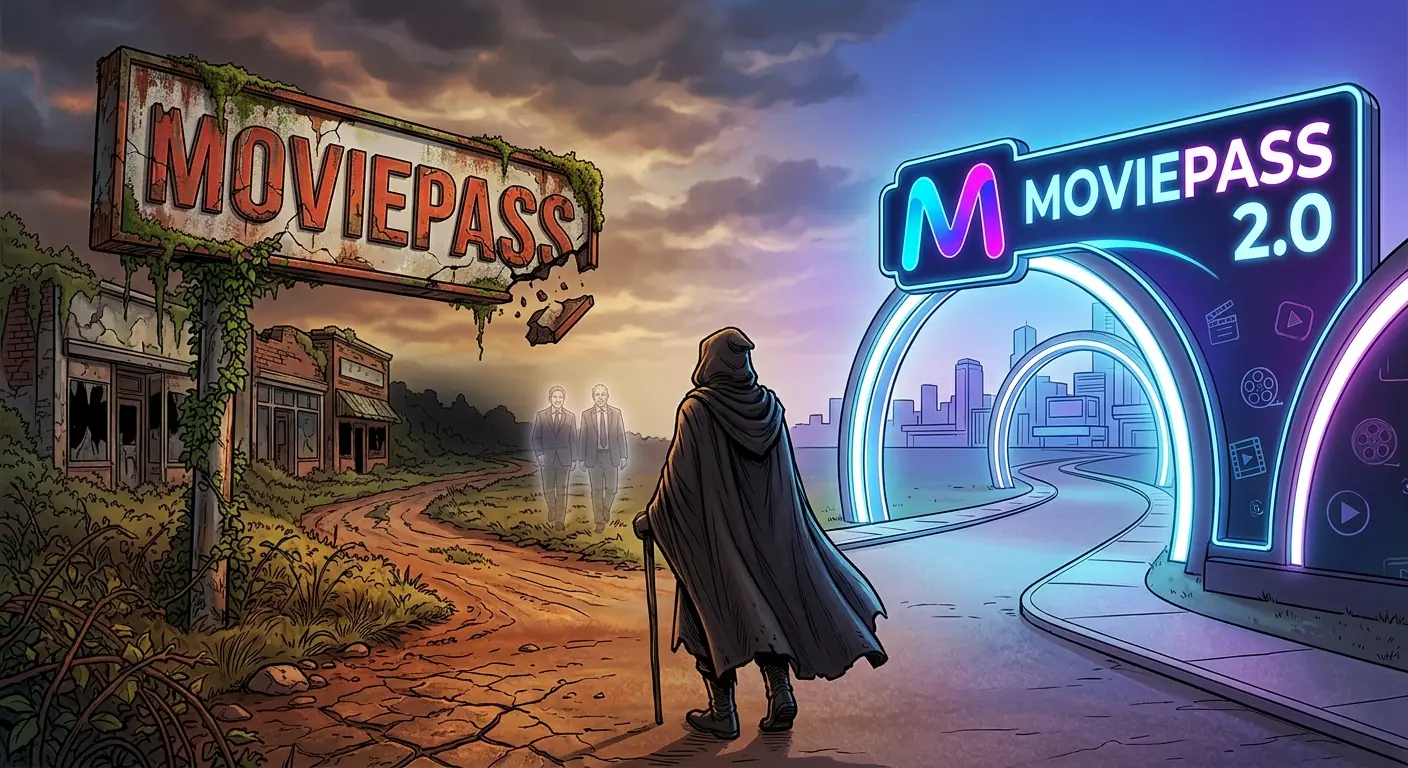 A shadowy figure stands at a crossroads. One path leads to a crumbling MoviePass sign from the past, while the other illuminates a futuristic, sleek "MoviePass 2.0" logo, suggesting a fork in the road for its legacy.