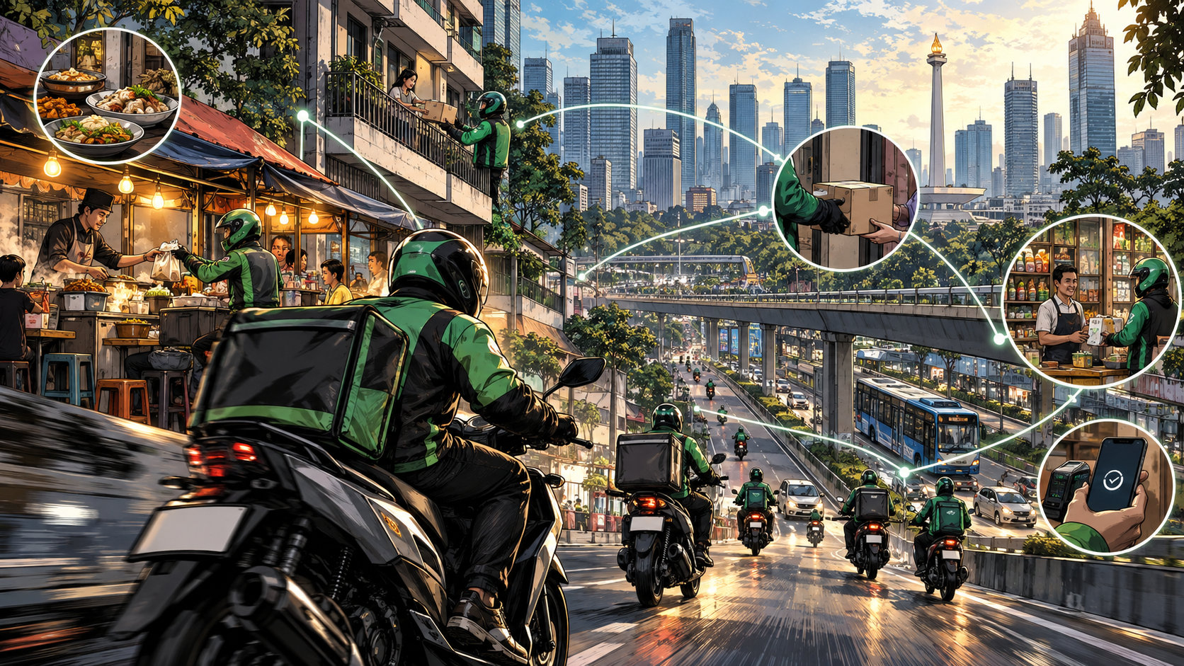 Motorbike couriers connecting passengers restaurants parcels and small merchants across a dense Indonesian city