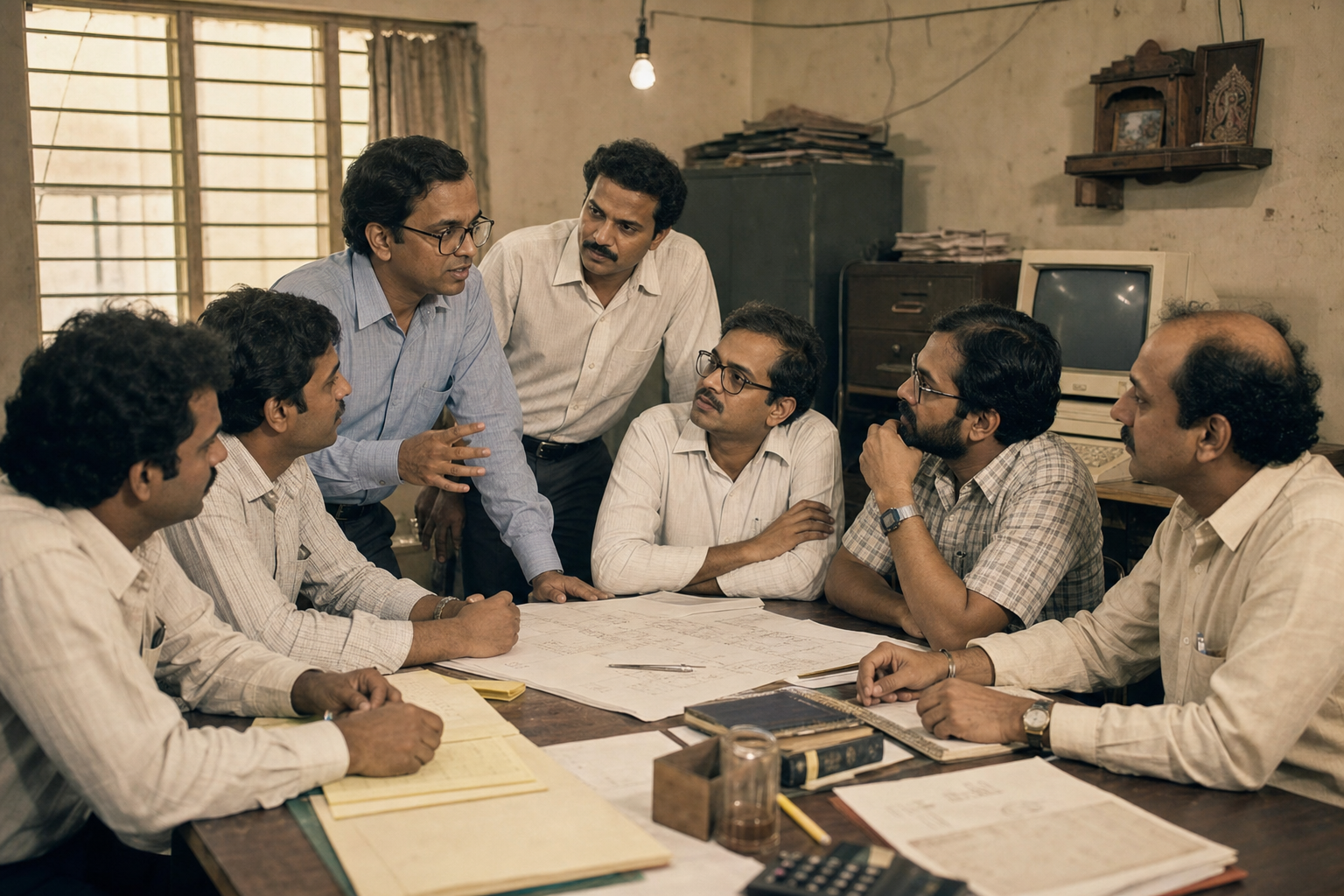 Narayana Murthy and a small founding team beginning Infosys in a modest early-1980s Indian office