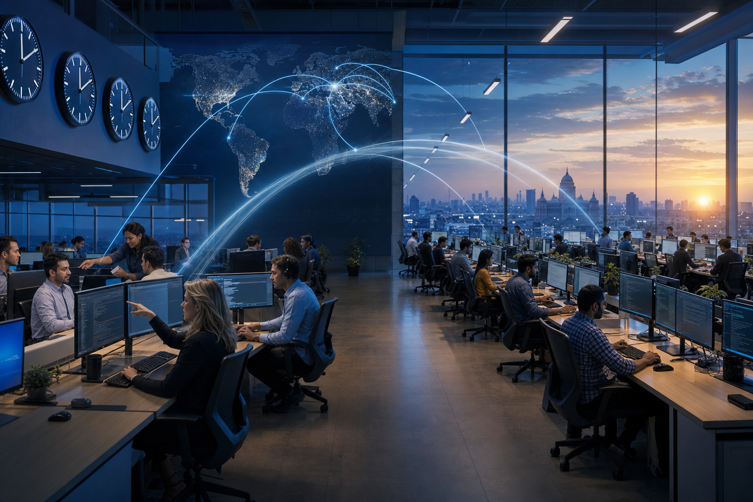 Software teams handing work between an overseas client site and a large Bengaluru delivery center across time zones
