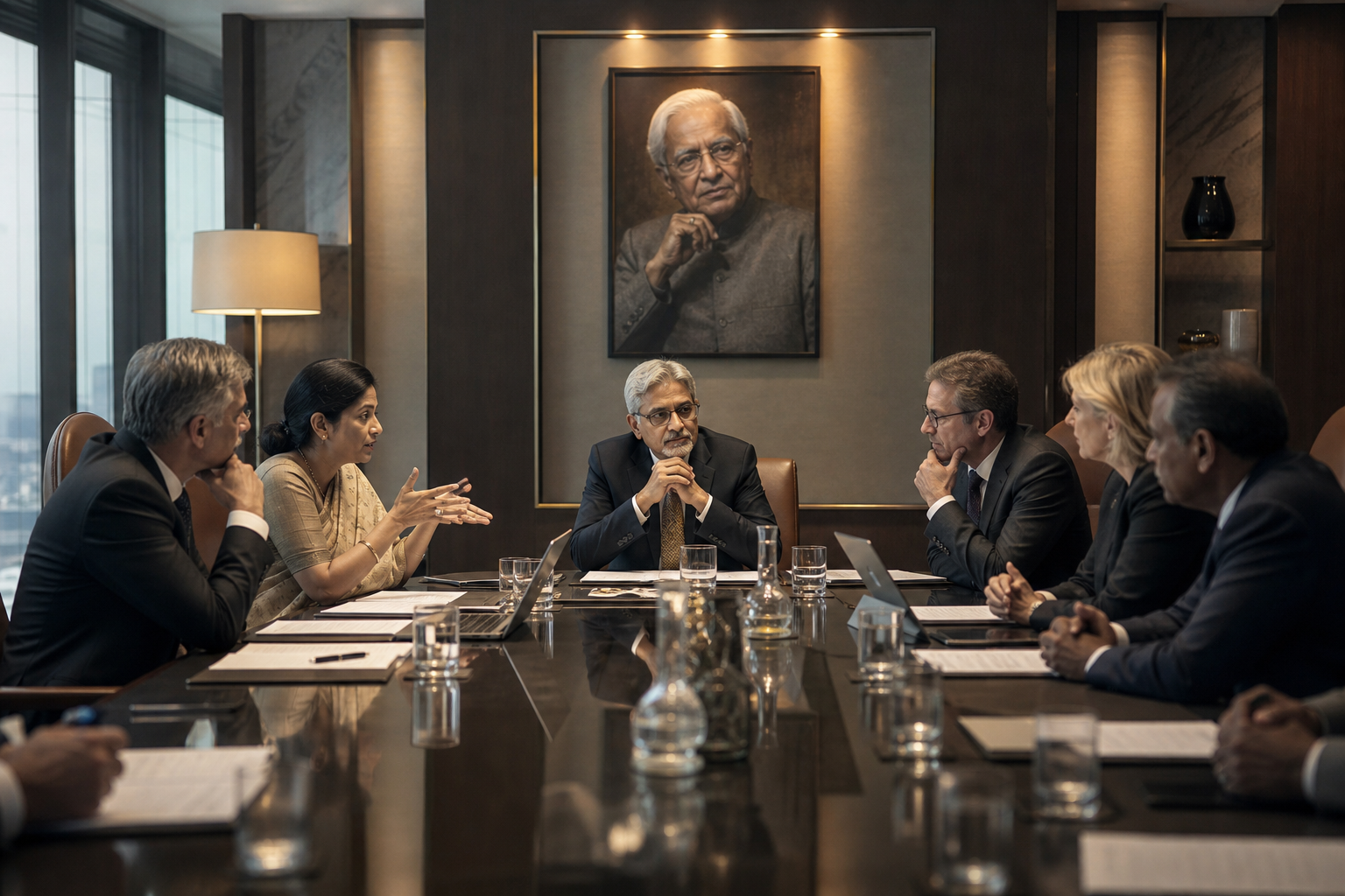 An Indian technology company boardroom balancing founder values, professional management, and global shareholder scrutiny