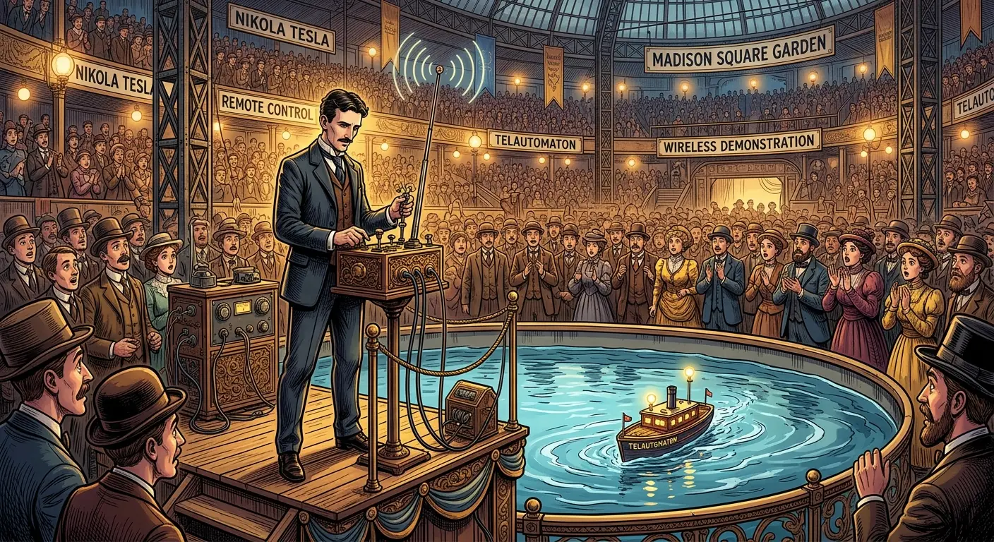 Tesla demonstrating his remote-controlled boat at Madison Square Garden, with amazed onlookers.
