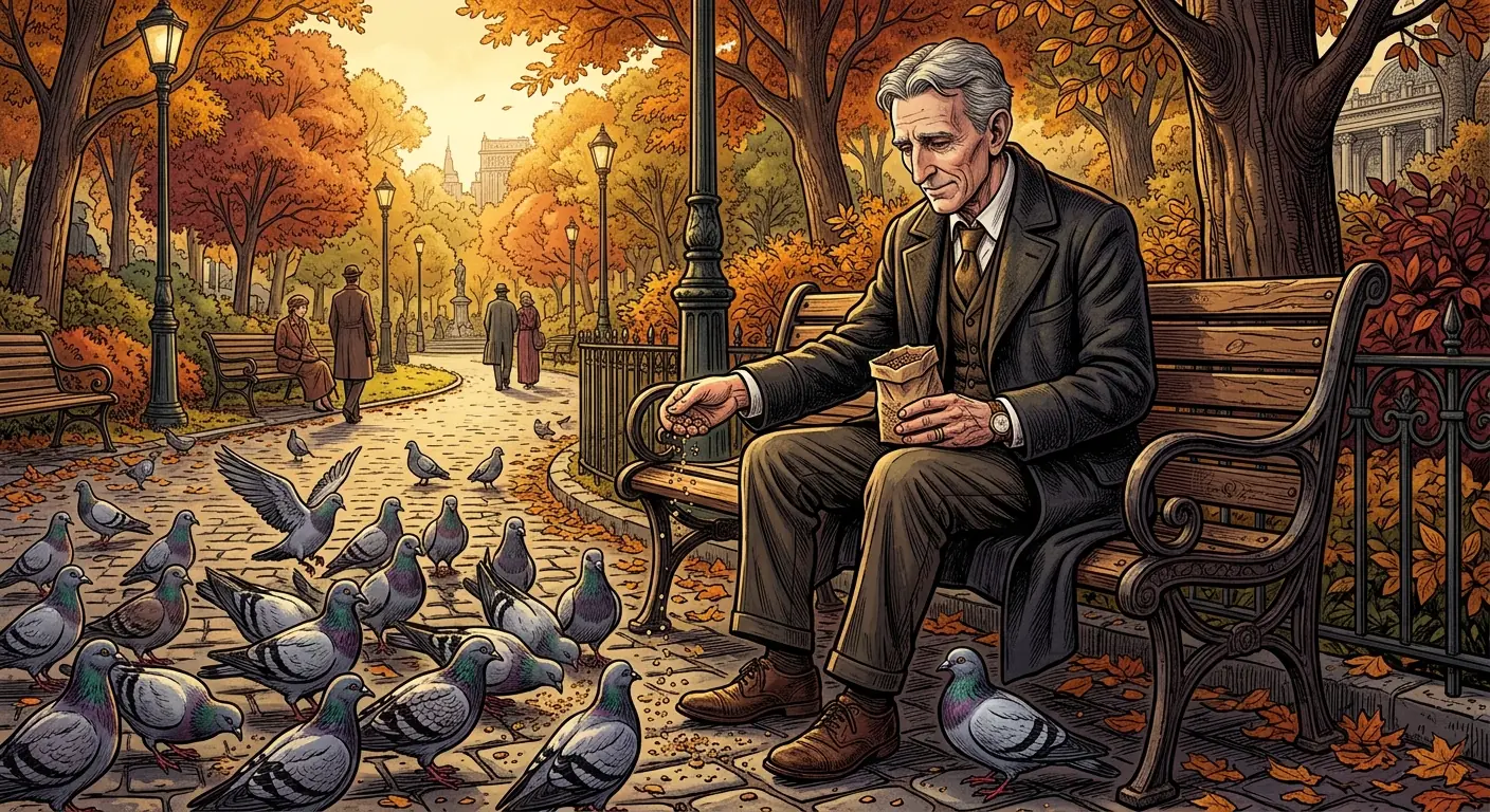 Tesla, an elderly man, sits on a park bench, gently feeding pigeons, looking both serene and lost in thought.