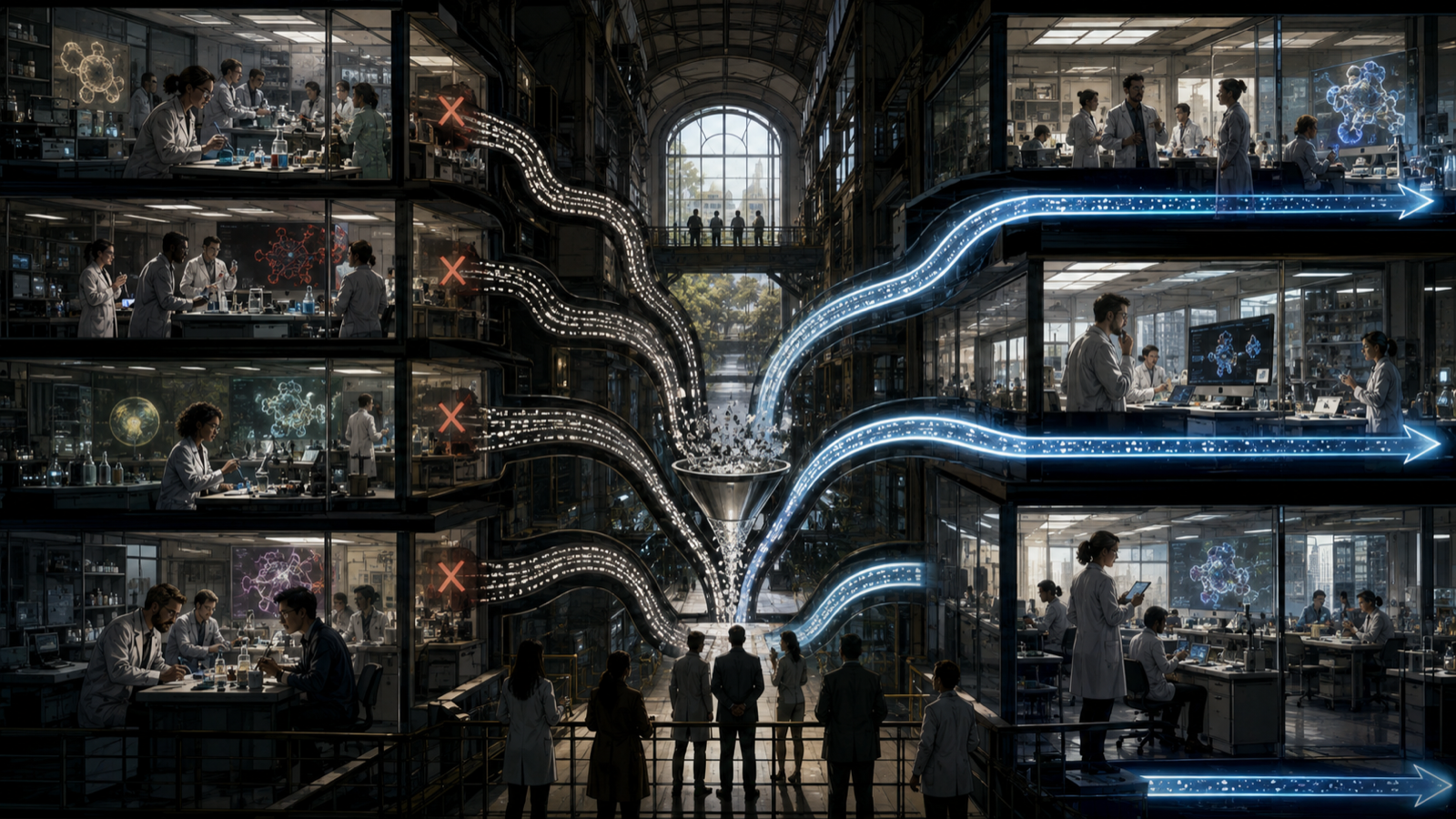 A cinematic biotechnology foundry where small scientific teams test many hypotheses before a few become independent companies