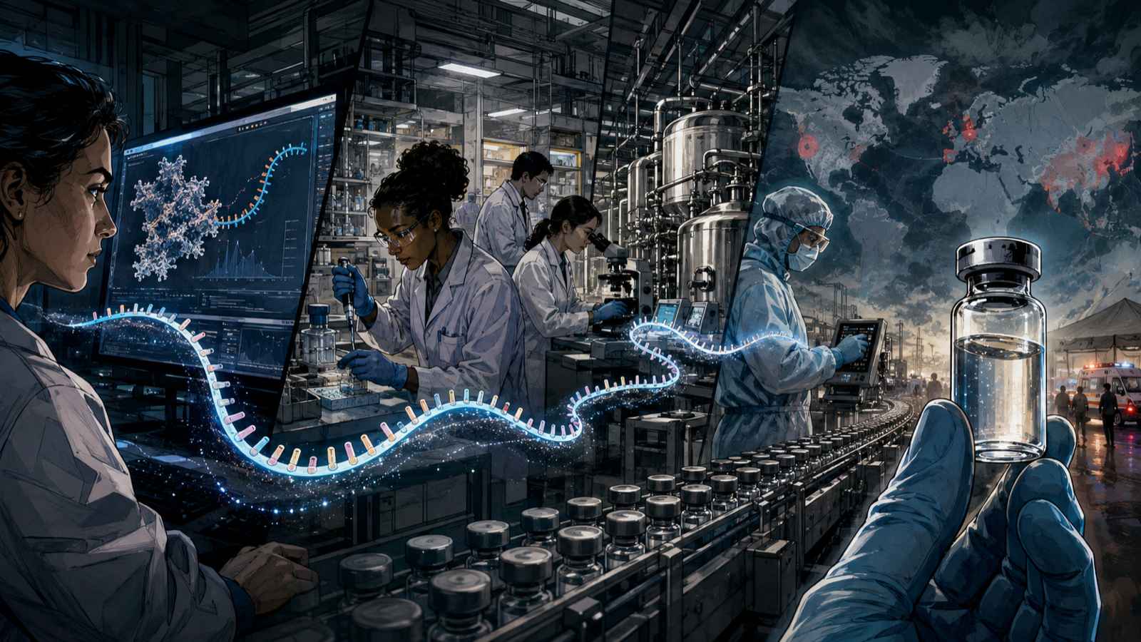 Messenger RNA instructions moving through a platform of laboratories toward a vaccine vial during a global emergency