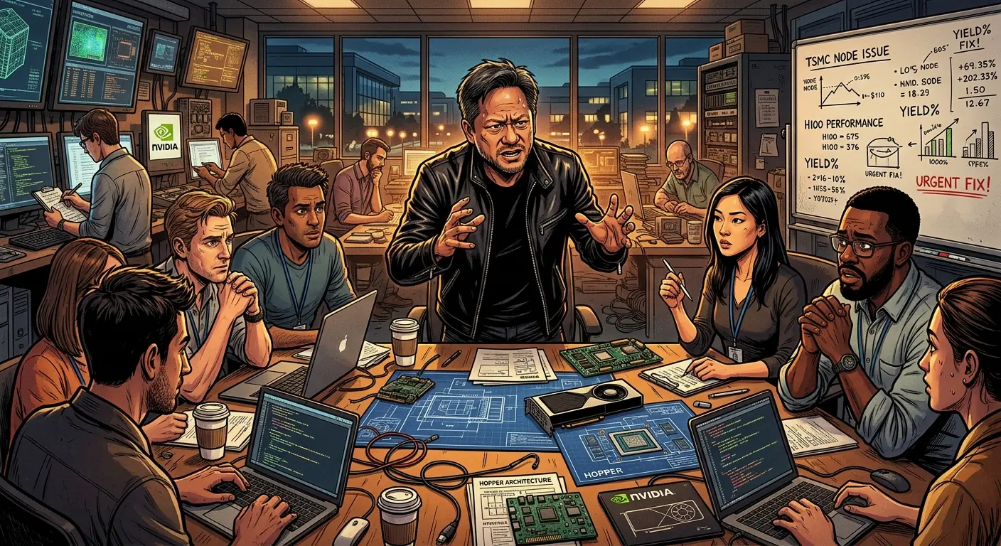 Jensen Huang in a tense meeting, gesturing emphatically, surrounded by engineers.
