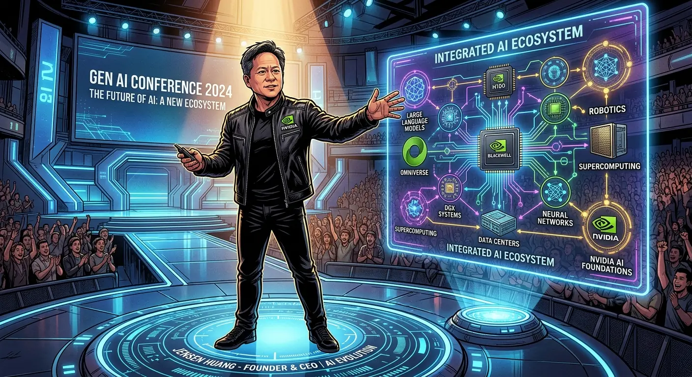 Jensen Huang, wearing his signature leather jacket, stands on a stage bathed in futuristic blue light, gesturing towards a holographic projection of an intricate AI ecosystem.