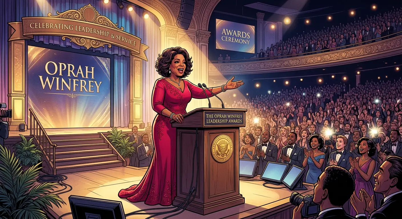 A woman speaking powerfully at a podium in front of a massive audience at a formal awards ceremony