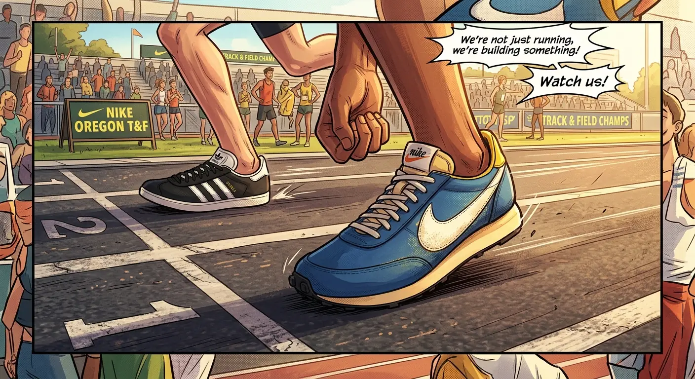 Early Nike shoes on a track, subtly challenging a pair of Adidas sneakers in the lane beside them
