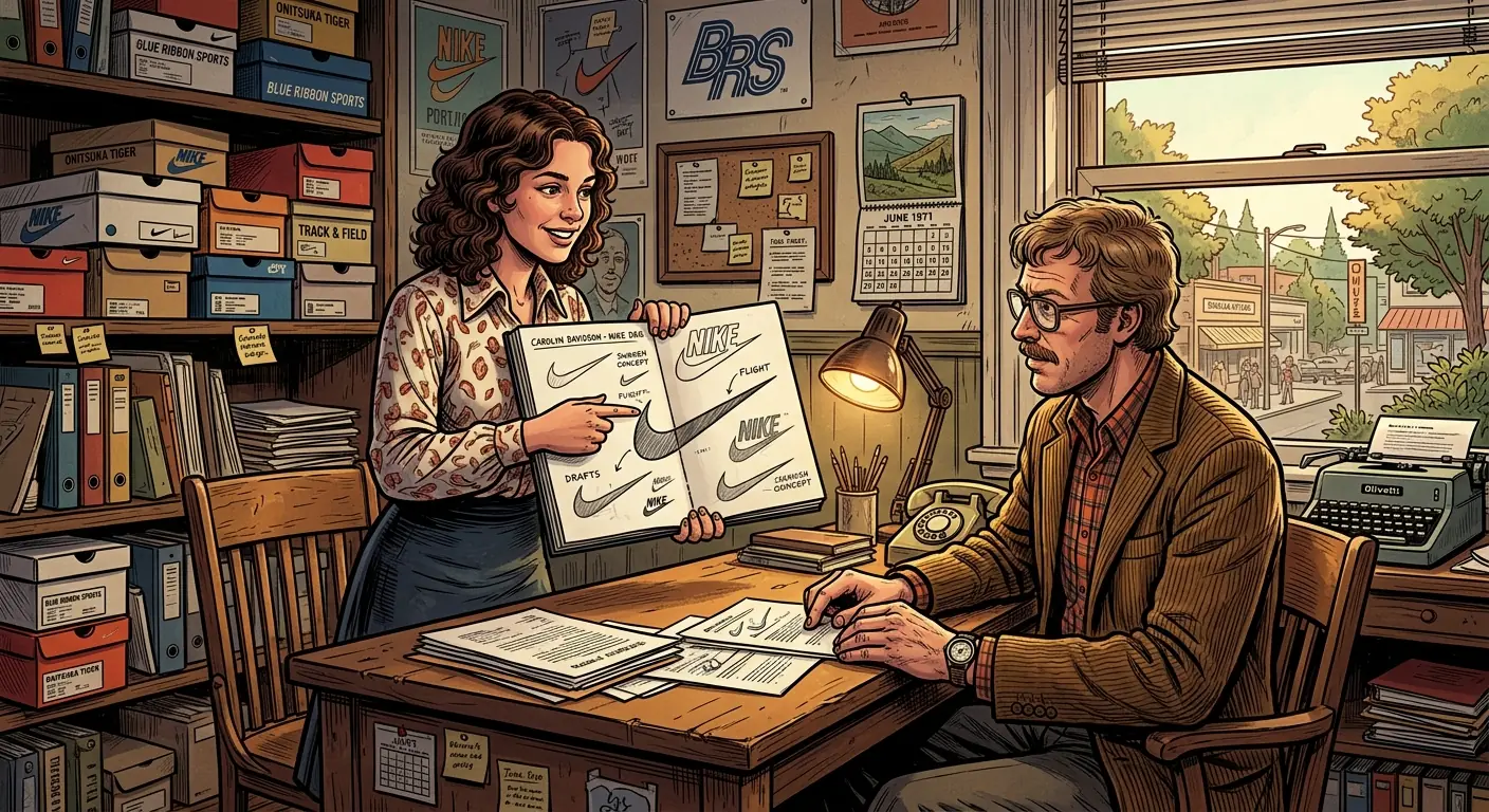 Carolyn Davidson, a young graphic design student, presenting her sketches of the Swoosh logo to Phil Knight in a modest office