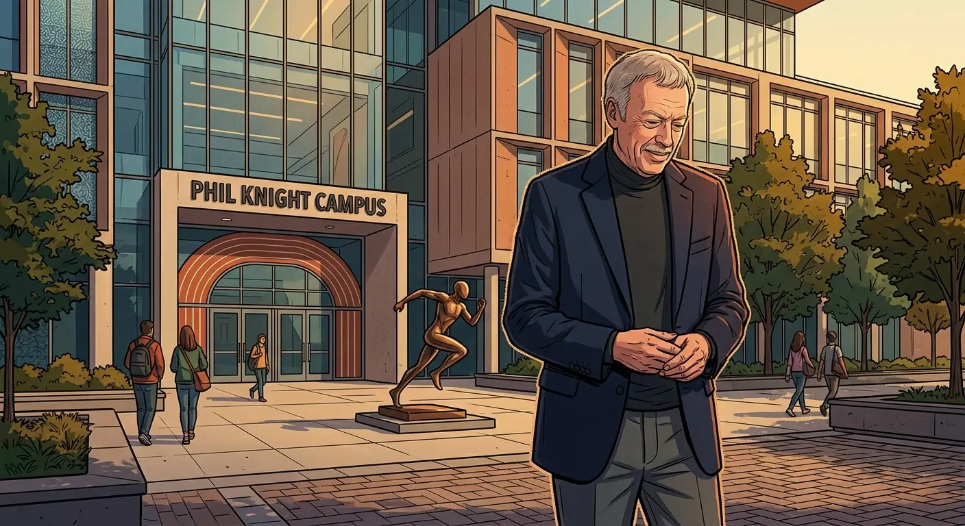 Phil Knight, older and more reflective, stands in front of a modern university building, a subtle look of contemplation on his face
