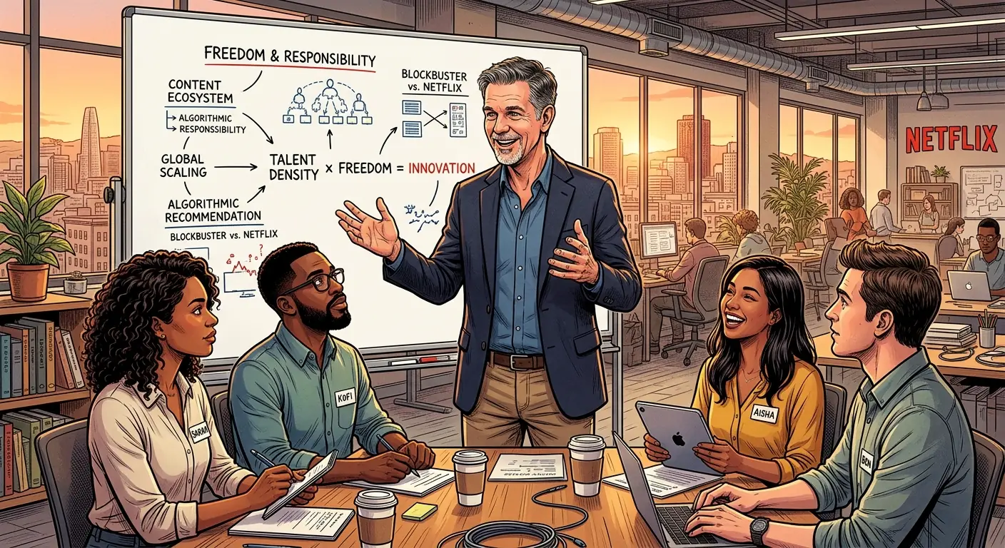 Reed Hastings in a casual setting, gesturing animatedly while explaining a complex concept to a small group of attentive employees in a modern, open-plan office.