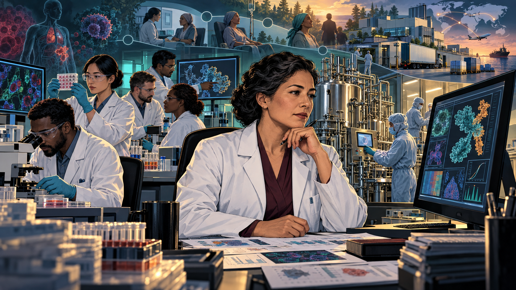 Reshma Kewalramani studying clinical data in a modern research environment