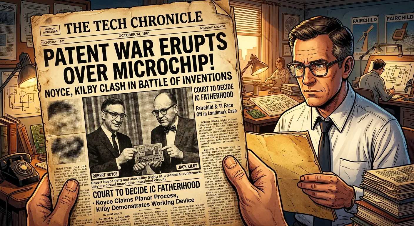 A vintage newspaper clipping showing headlines about a patent dispute, with a blurry image of Robert Noyce and Jack Kilby