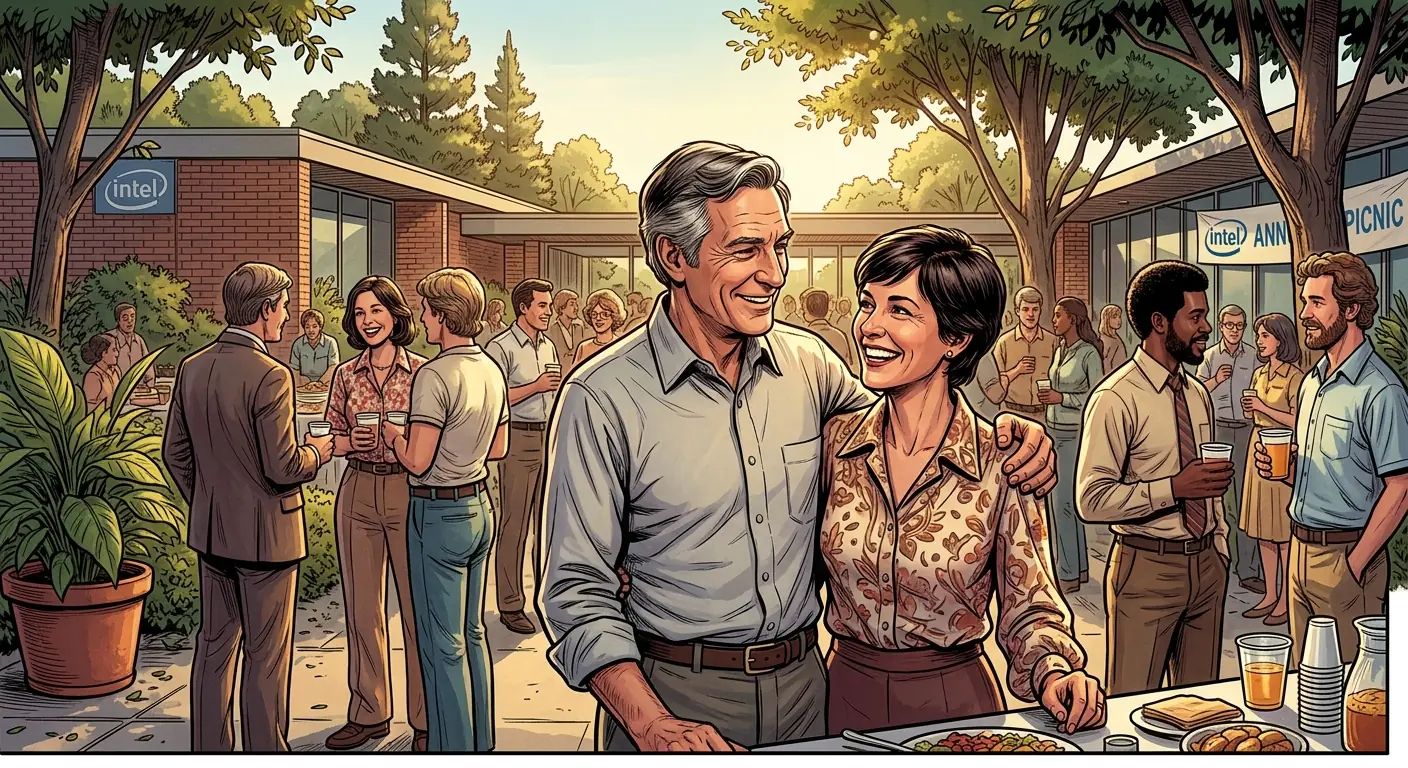 Robert Noyce and his second wife, Ann Bowers, smiling together at a casual event, looking happy and relaxed
