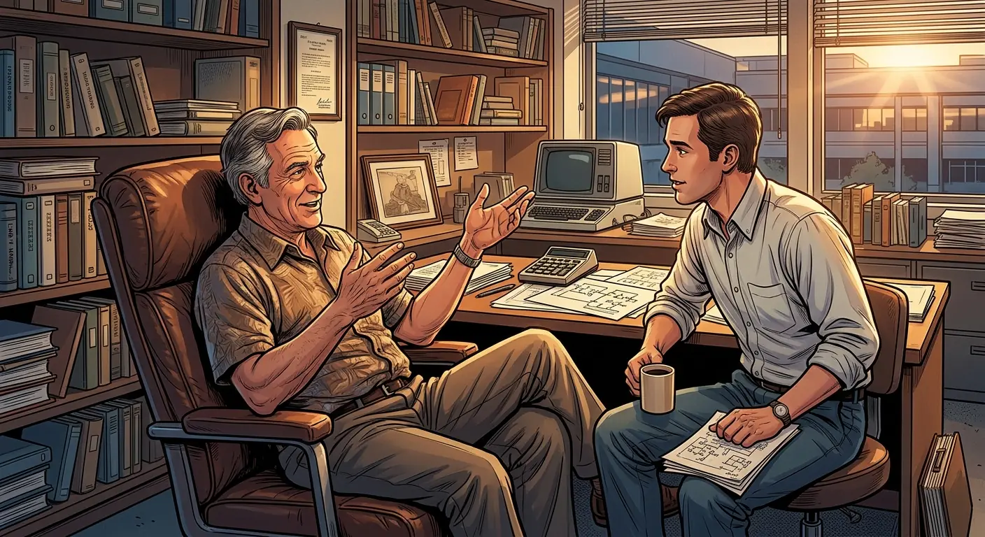 Robert Noyce in a relaxed pose, perhaps leaning back in his office chair, talking animatedly with a younger engineer