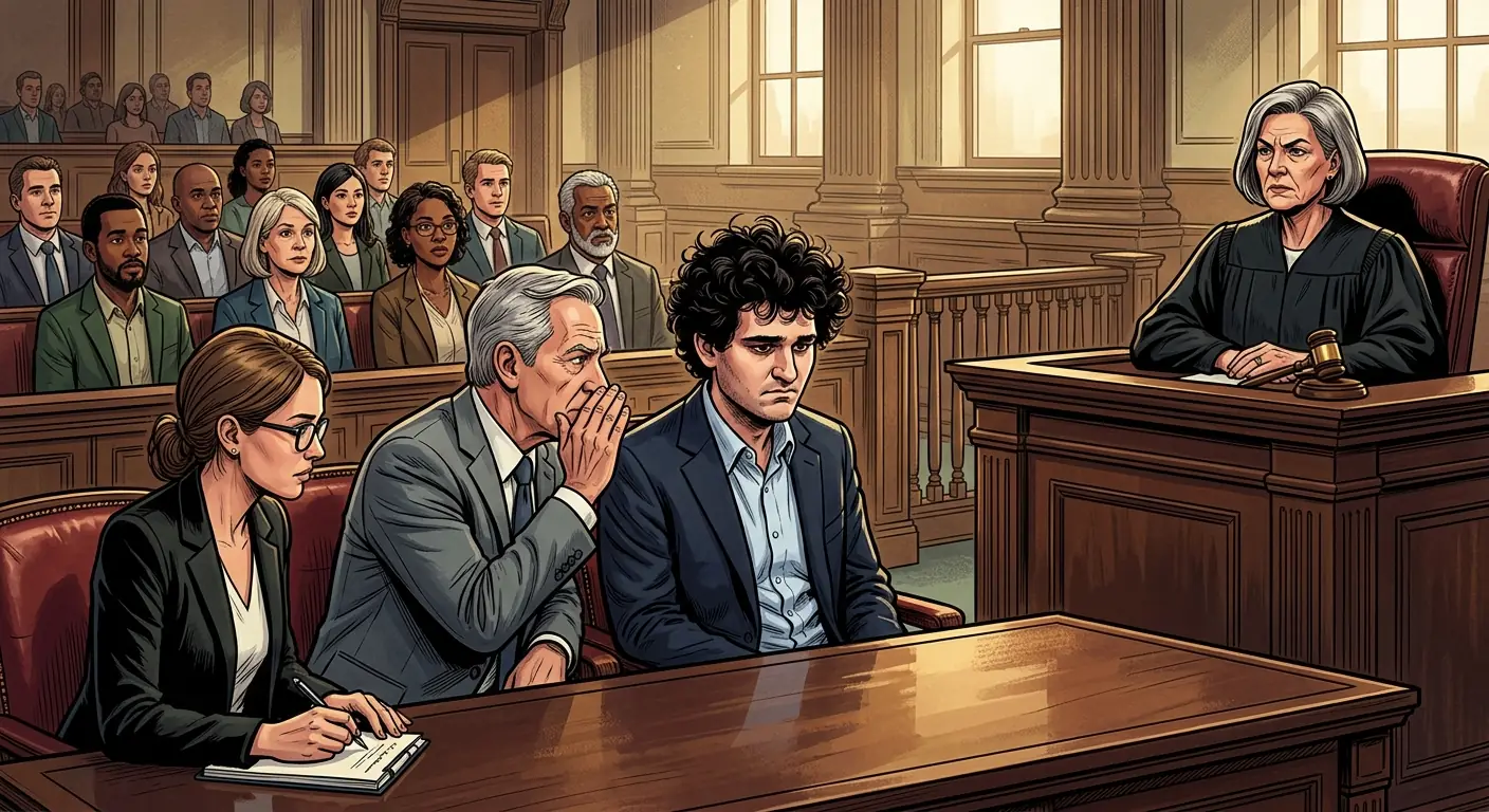 A stark courtroom sketch depicts a somber Sam Bankman-Fried at the defense table, his trademark unruly hair slightly tamed, facing a stern judge and an attentive jury, with his lawyers beside him.