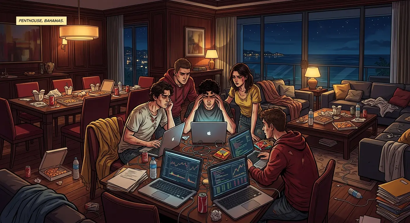 A dimly lit, luxurious penthouse living room in the Bahamas, messy with discarded food containers and laptops, where a small group of young people huddle around screens, looking intense and slightly disheveled.