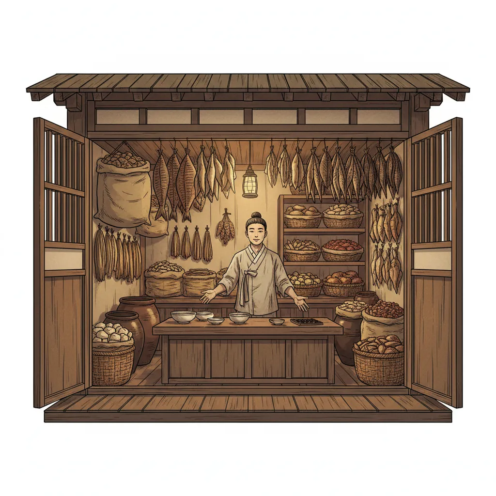A small trading shop in 1930s colonial Korea with bags of dried fish and noodles