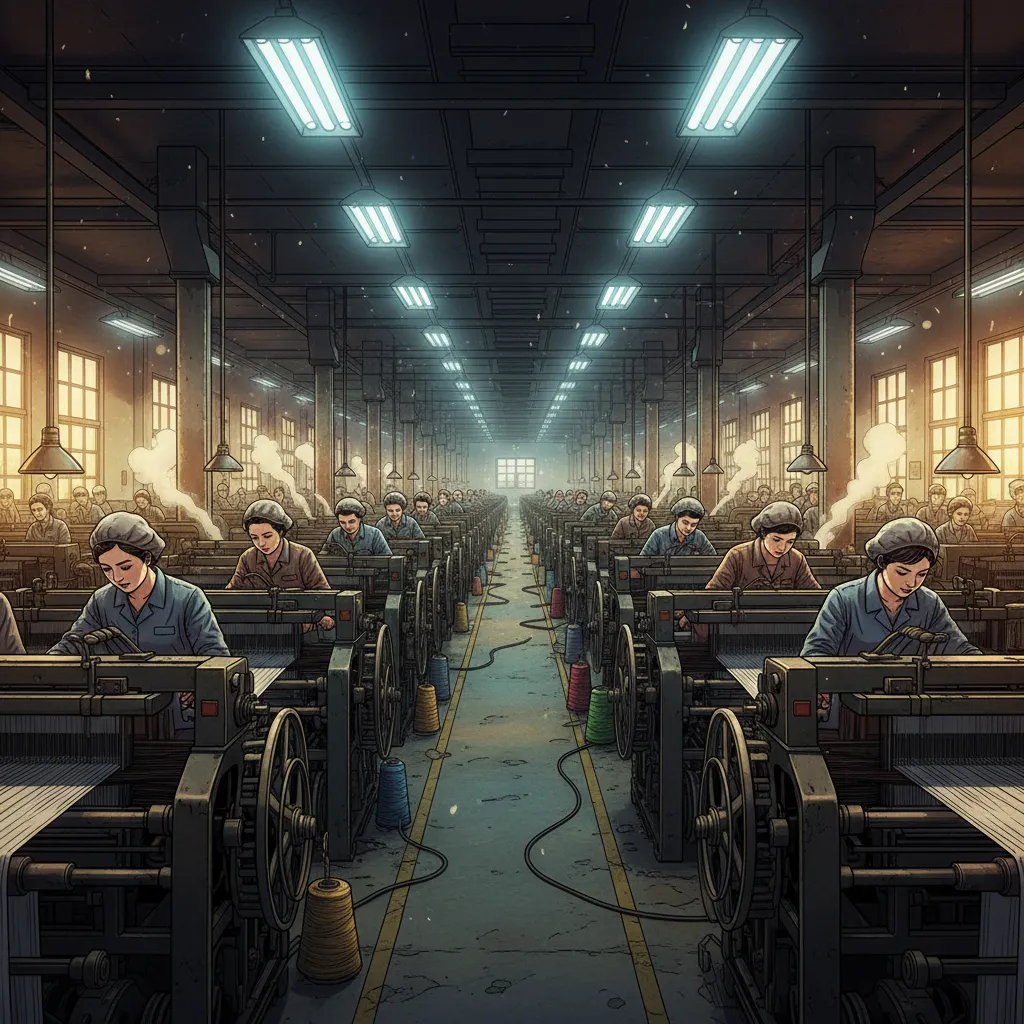 A massive textile factory in 1960s South Korea with rows of workers at looms