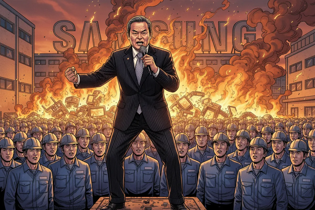 A dramatic bonfire of electronic products in front of a Samsung factory