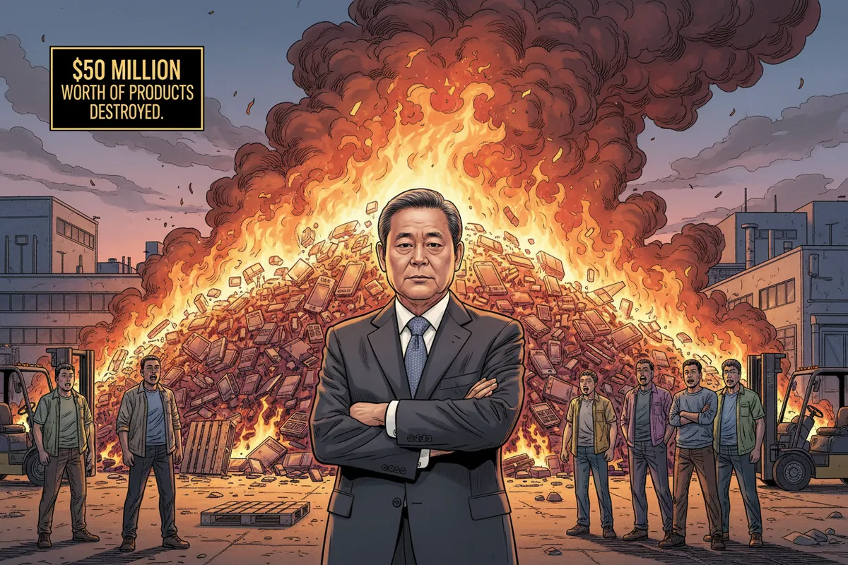 Samsung employees watching as thousands of defective phones are crushed and burned