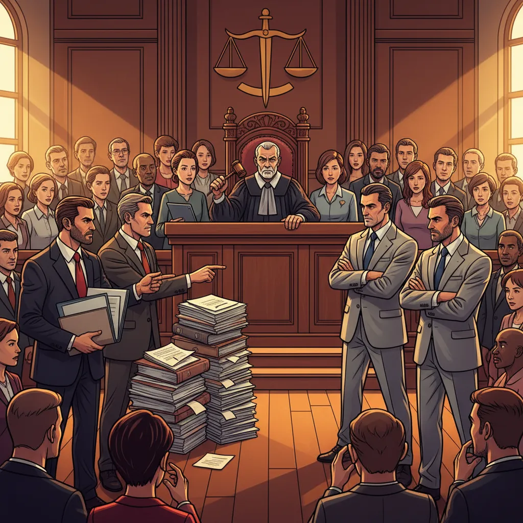 A dramatic courtroom scene with Apple and Samsung logos facing off