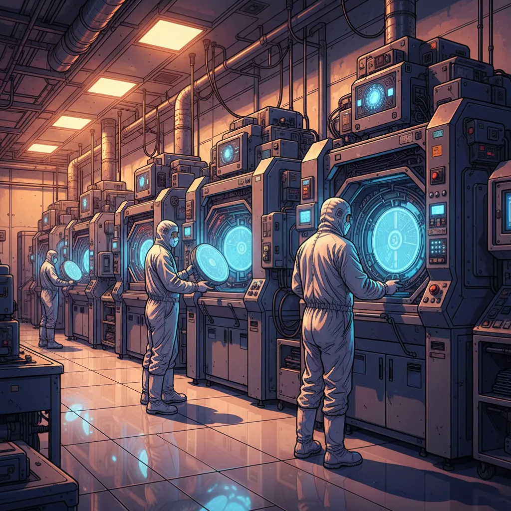 A gleaming Samsung semiconductor fabrication plant with technicians in clean room suits